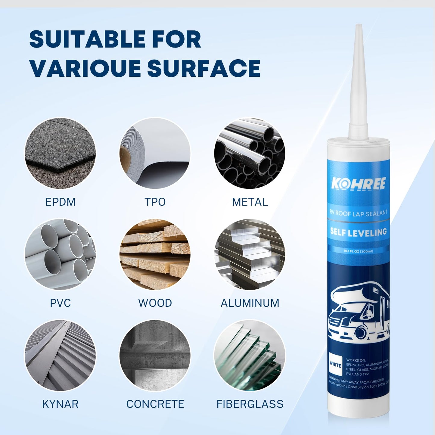 Kohree RV Roof Sealant 6 Pack, Self-Leveling Lap Sealant White, RV Caulking Exterior for RV Roofs, Maintenance, Repair