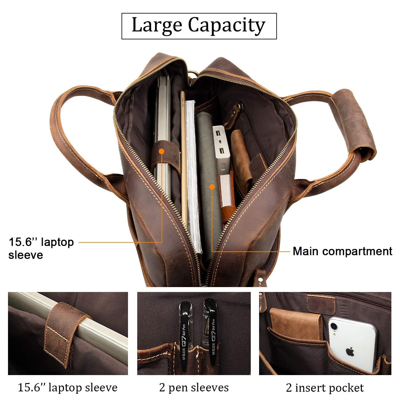 Augus Leather 16" Laptop Briefcase for Men Shoulder BagTravel Messenger Work Business Duffle Bags With YKK Metal Zipper