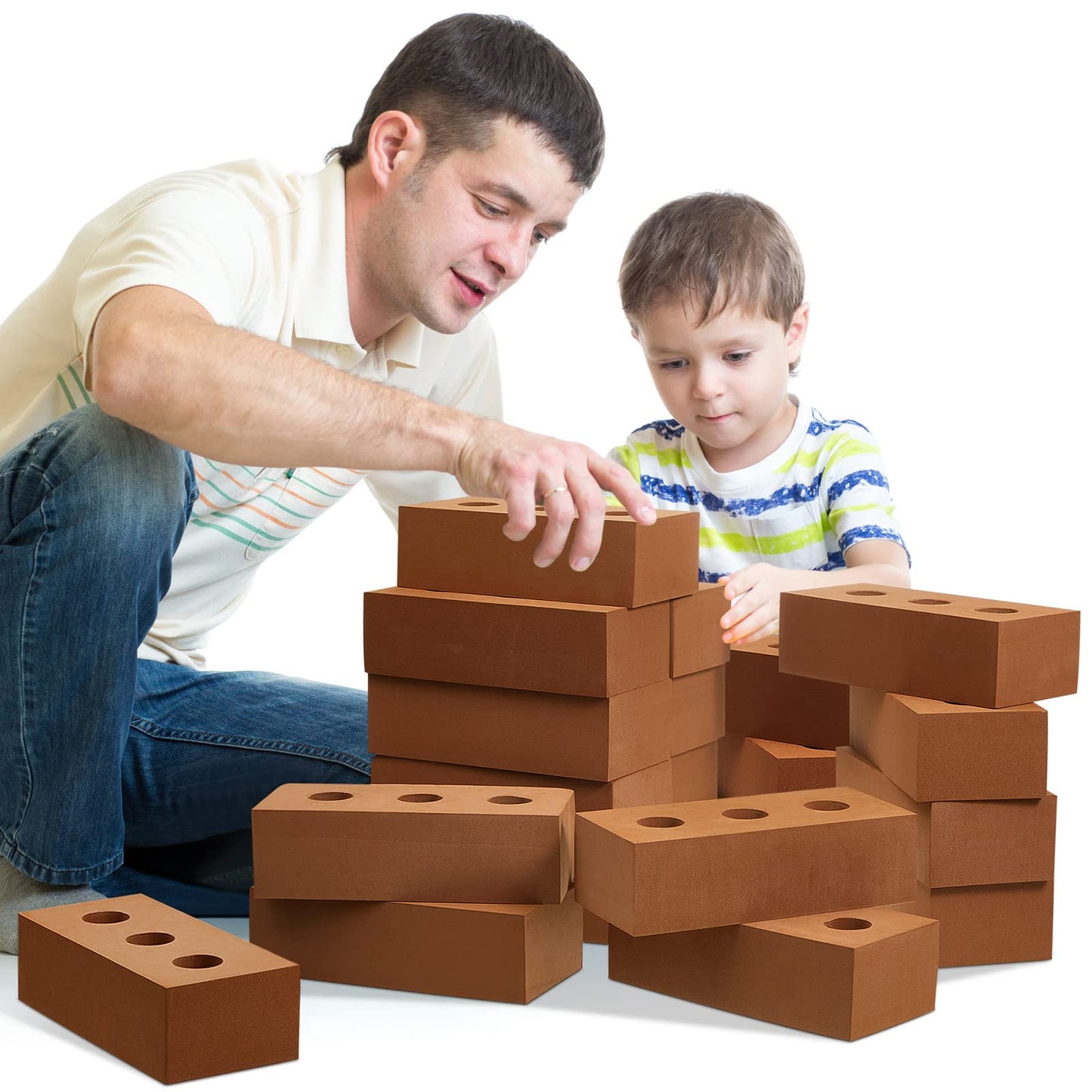 Deekin 30 Pcs Foam Brick Building Blocks for Kids Thick Blocks Foam Large Fake Brick Construction Toy for Stacking Construction, 8 x 4 x 2.4 in(Circle Holes)