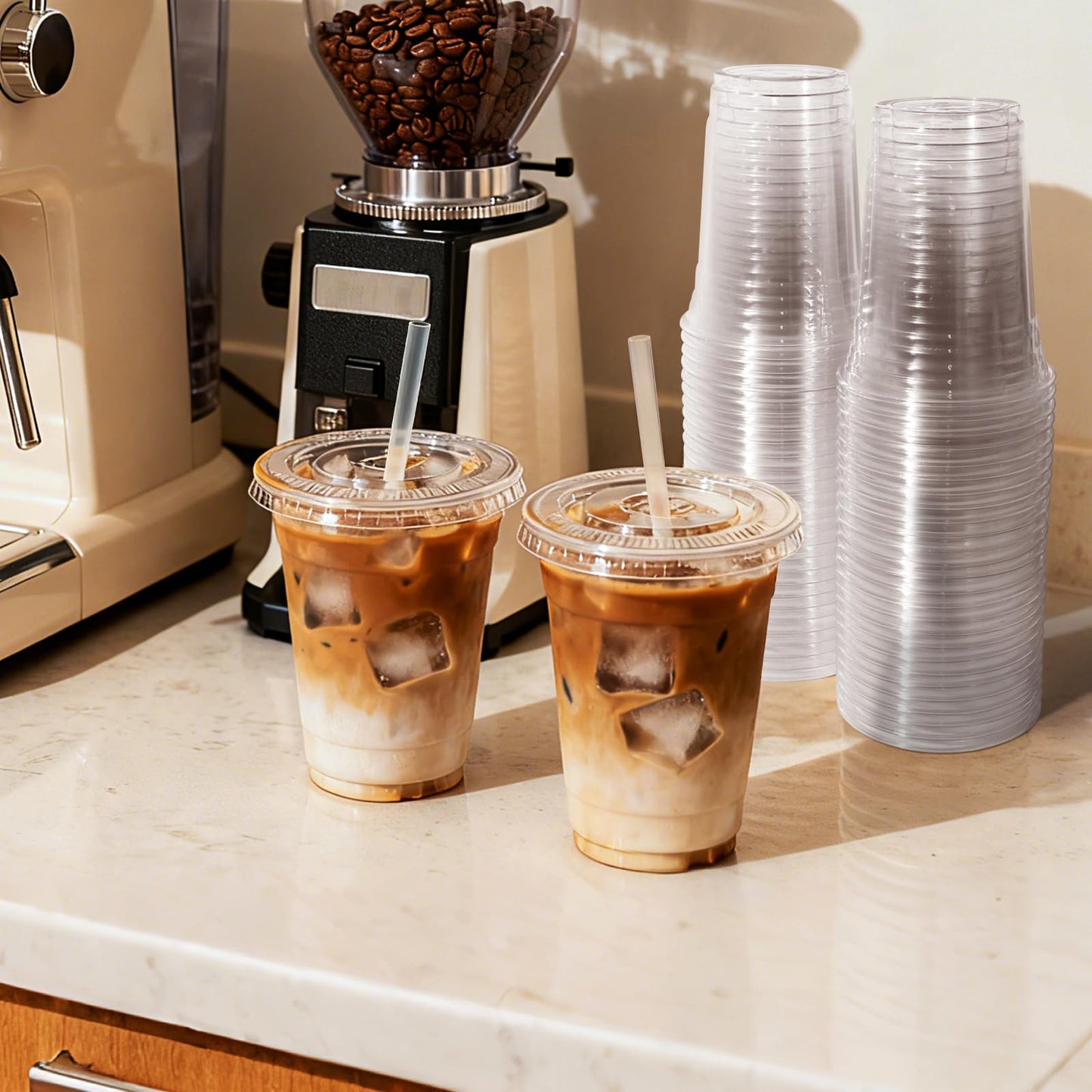 SAEUYVB 200 Pack - 16 oz Clear Plastic Cups with Lids and Straws,Disposable Iced Coffee Cups with Lids for Smoothie,Milkshake,Cold Drinks,Sturdy&Food Safe Disposable Clear Plastic Cups