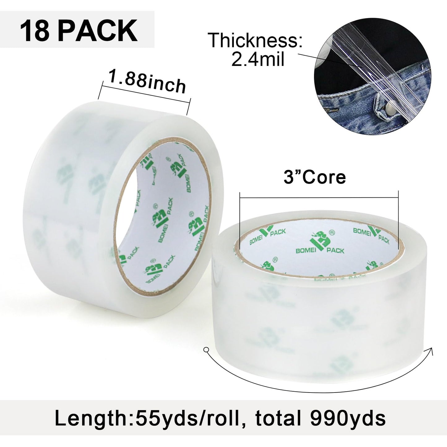 BOMEI PACK Clear Silent Packing Tape 18 Rolls, NO Noise Quiet Tape Refill Rolls for Shipping, Moving and Packaging, 2.4Mil 1.88Inch 55Yards