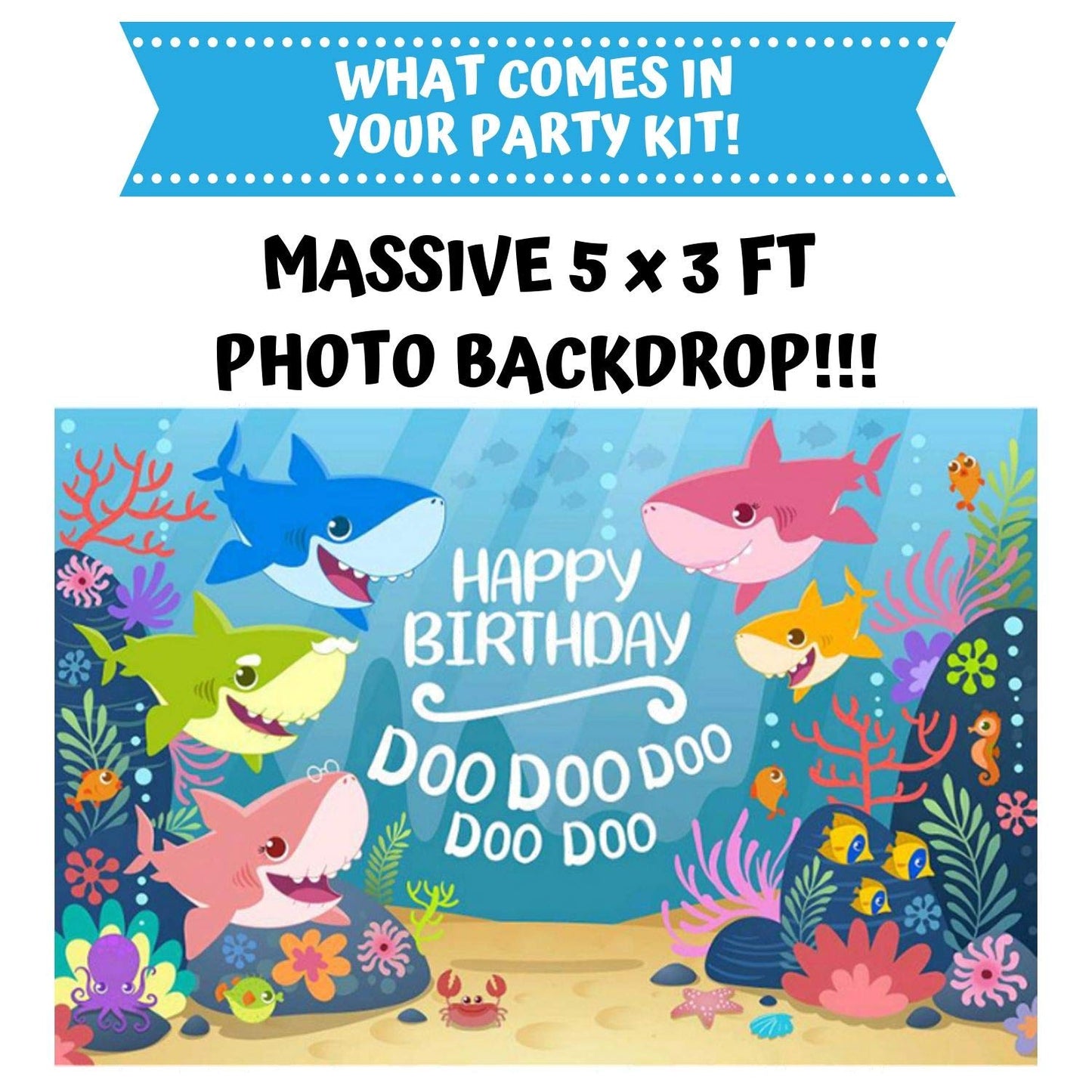 Shark Party Supplies Set,124 Piece Shark Themed Birthday Decorations,Includes Disposable/Reusable Tableware Kit, 3'x5' Photo Backdrop, Shark Party Masks and Balloons,Serves 20 Guests