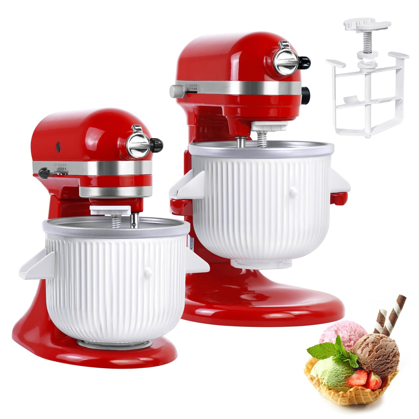 Ice Cream Maker Attachment for KitchenAid Mixers, Fits KitchenAid 4.5/5QT & 6QT Stand Mixers, Frozen Ice Cream & Sorbet Gelato Maker for KitchenAid, 2 Quart, White(Machine/Mixer Not Included)