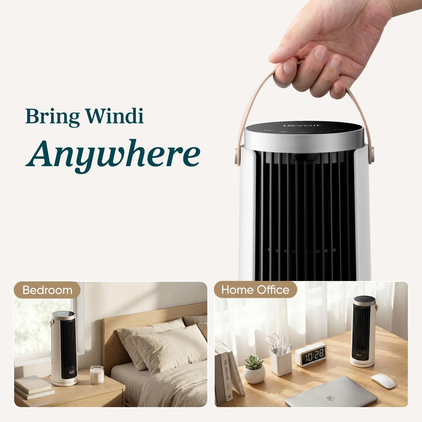 LEVOIT Tower Fan for Bedroom, 20dB Quiet Desk Fan with 23ft/s, Portable & Easy to Carry, 3-Angle & 5-Speed Mini Oscillating Fan, DC Motor, Bladeless, Remoter, 12H Timer, for Home, Room, Office, White