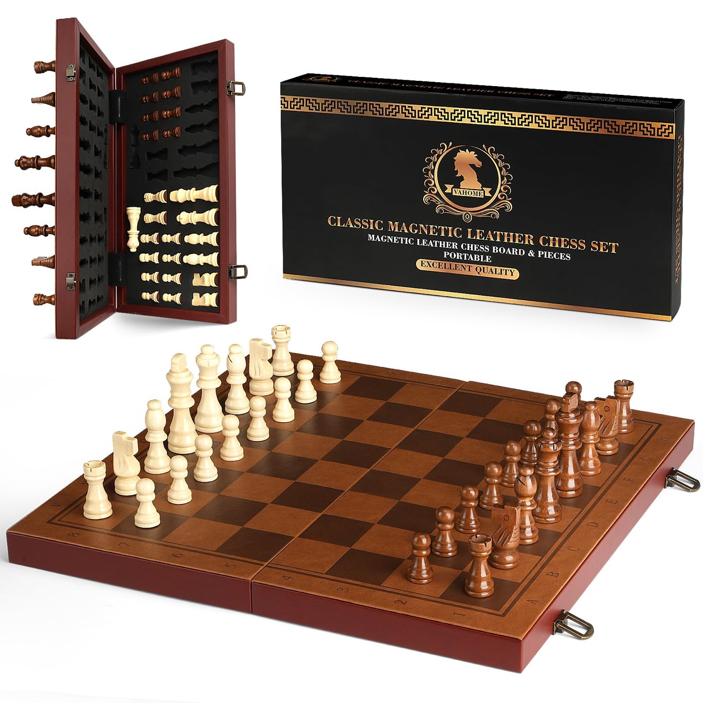 Strong Magnetic Chess Set for Adults & Kids, 15.4" Leather Chess Board & Handcrafted Wooden Chess Pieces with Storage Slots, Portable Travel Chess Game for Beginner and Professional