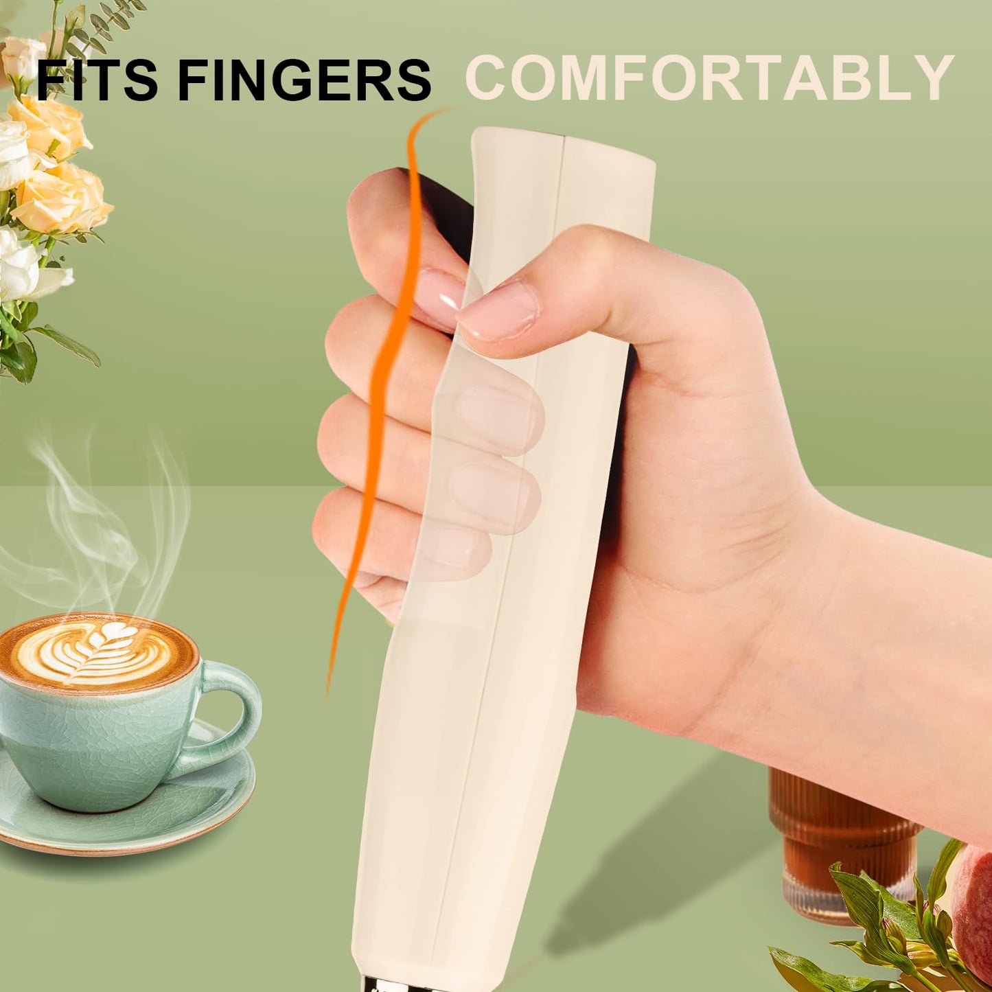 YUSWKO Beige Handheld Milk Frother Wand with Stand for Coffee, Rechargeable Electric Whisk with 3 Heads 3 Speeds Drink Mixer Coffee Frother For Latte, Cappuccino, Hot Chocolate, Egg