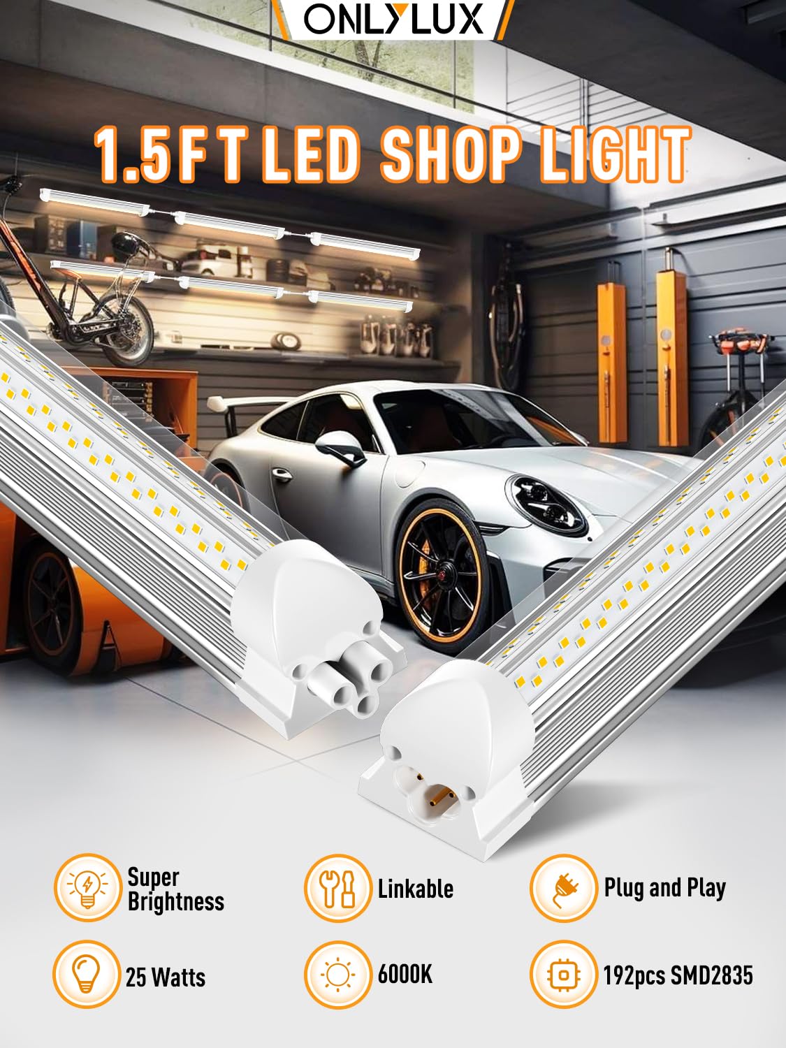 OnlyLux LED Shop Light, 25W 3750LM 6000K Super Bright, Plug and Play, Linkable Utility Shop Lights for Garage, Cabinet, Workbench, Workshop (6 Pack)