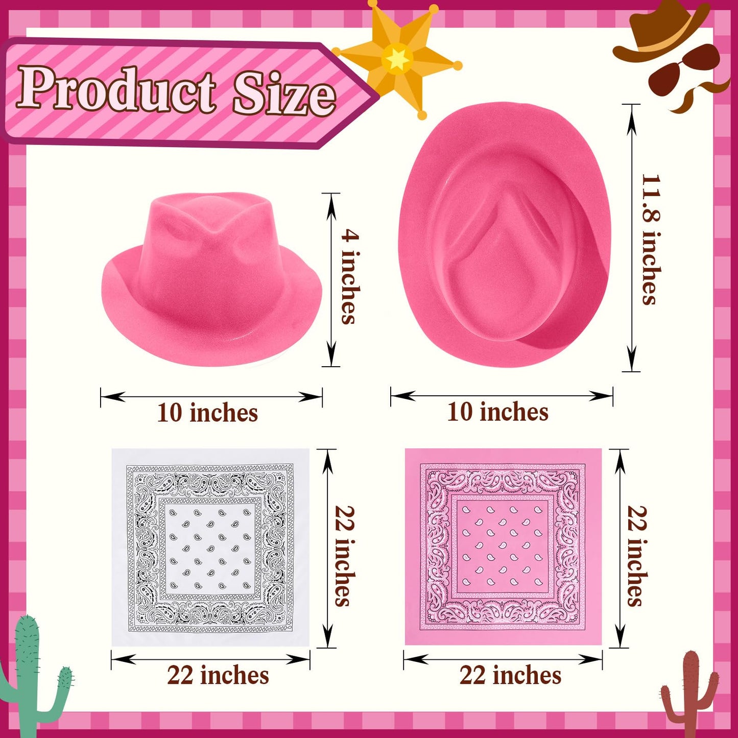 48 Pack Cowboy Hat and Bandana Set, Cowgirl Hats for Boys Girls Felt Cowboy Party Hat Cowboy Western Bandanas for Party(Pink, White)