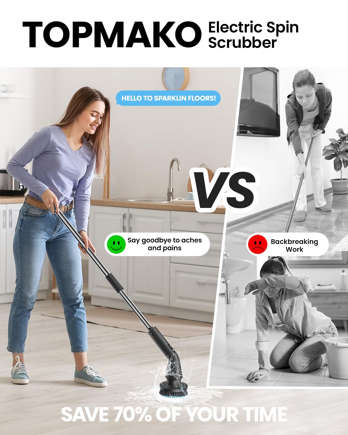 Topmako Electric Spin Scrubber, Upgraded IPX7 Cordless Cleaning Brush for Bathroom Shower, Household Cleaning Scrubber with 7 Brush Heads, Adjustable Long Handle and 2 Rotating Speeds for Tub Floor
