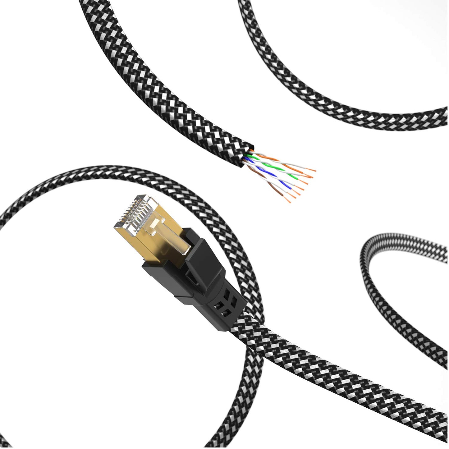 Orbram Cat 8 Ethernet Cable 100 ft, Nylon Braided High Speed Heavy Duty Network LAN Patch Cord, 40Gbps 2000Mhz SFTP RJ45 Flat Internet Cable Shielded in Wall, Indoor&Outdoor for Modem/Router/Gaming/PC