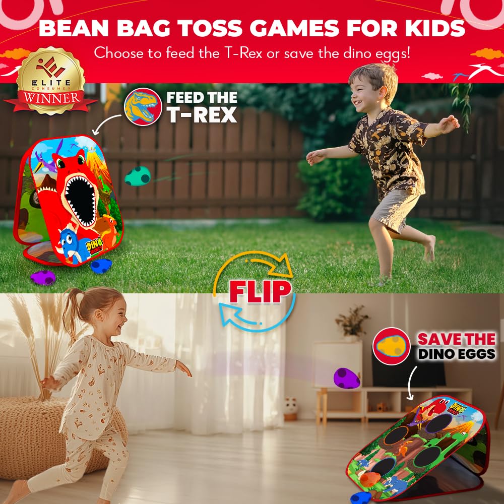Swooc Games® - Dino Frenzy™ | 2-in-1 Corn Hole Games for Kids | 5-Second Setup | Dinosaur Bean Bag Toss Game for Kids | Kid Cornhole Game Set | Toddler Party Activity | Outside Bean Bags Kid Tossing