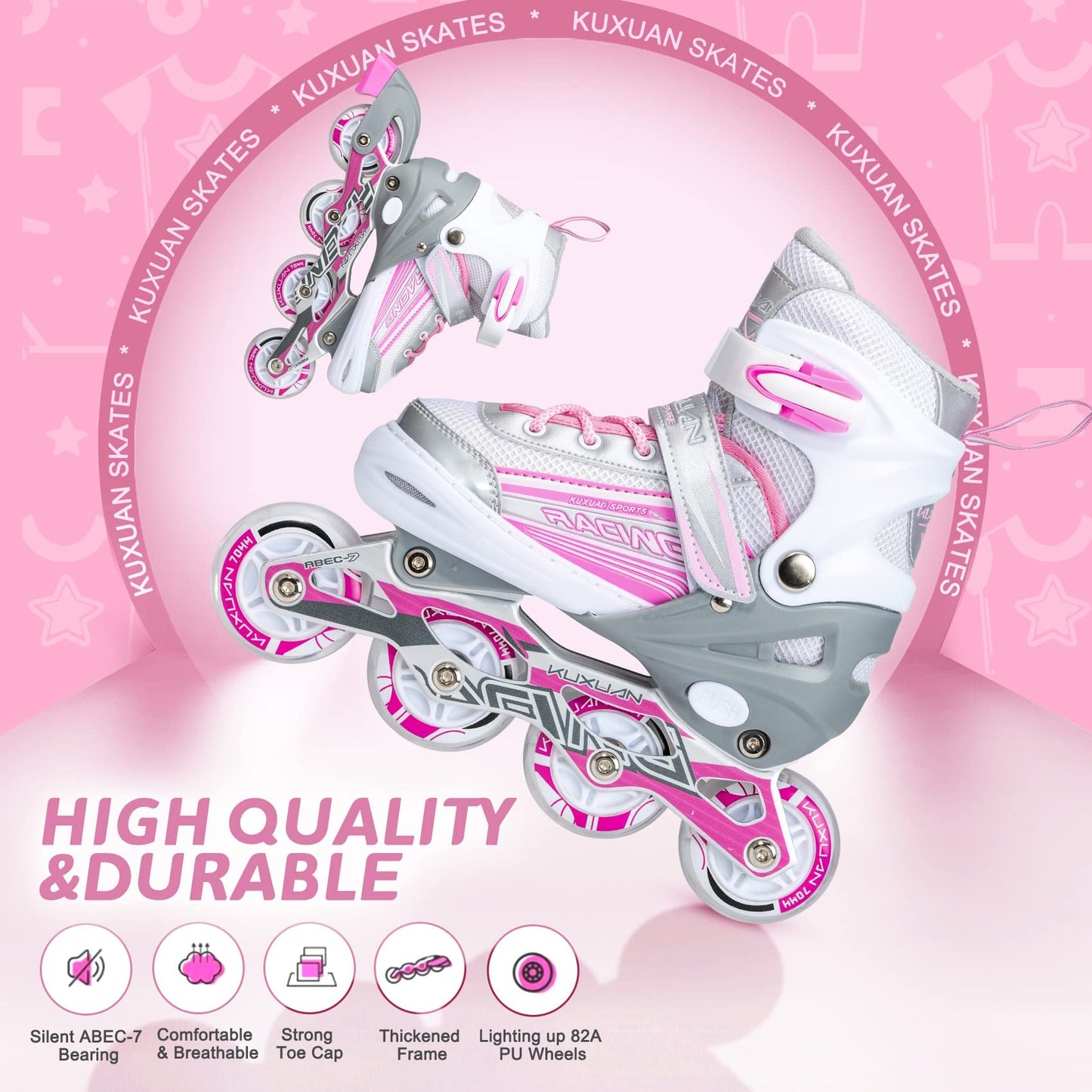 Kuxuan Inline Skates Adjustable for Kids,Girls Skates with All Wheels Light up,Fun Illuminating for Girls and Ladies