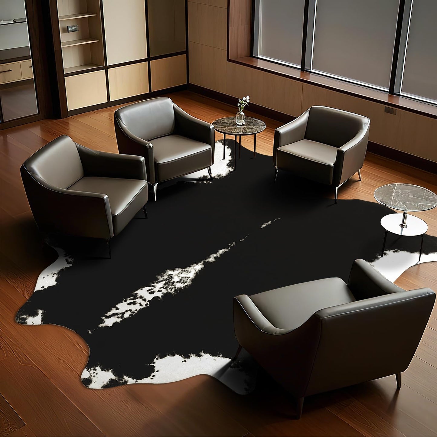 BENRON Premium Cowhide Rug Black, Faux Cow Hide Rugs for Living Room Bedroom Western Home Decor, Non Slip Cute Rug with Irregular Animal Skins and Hides, 5.2 x 6.2ft