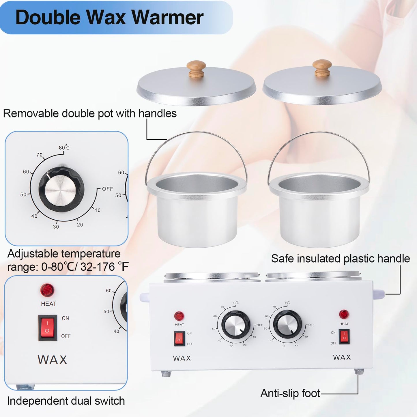 Double Wax Warmer Double Wax Pot Professional for Hair Removal, Electric Wax Heater Machine Dual Wax Pot Warmer Professional With Adjustable Temperature for Facial,Skin,Body,Spa, and Salon