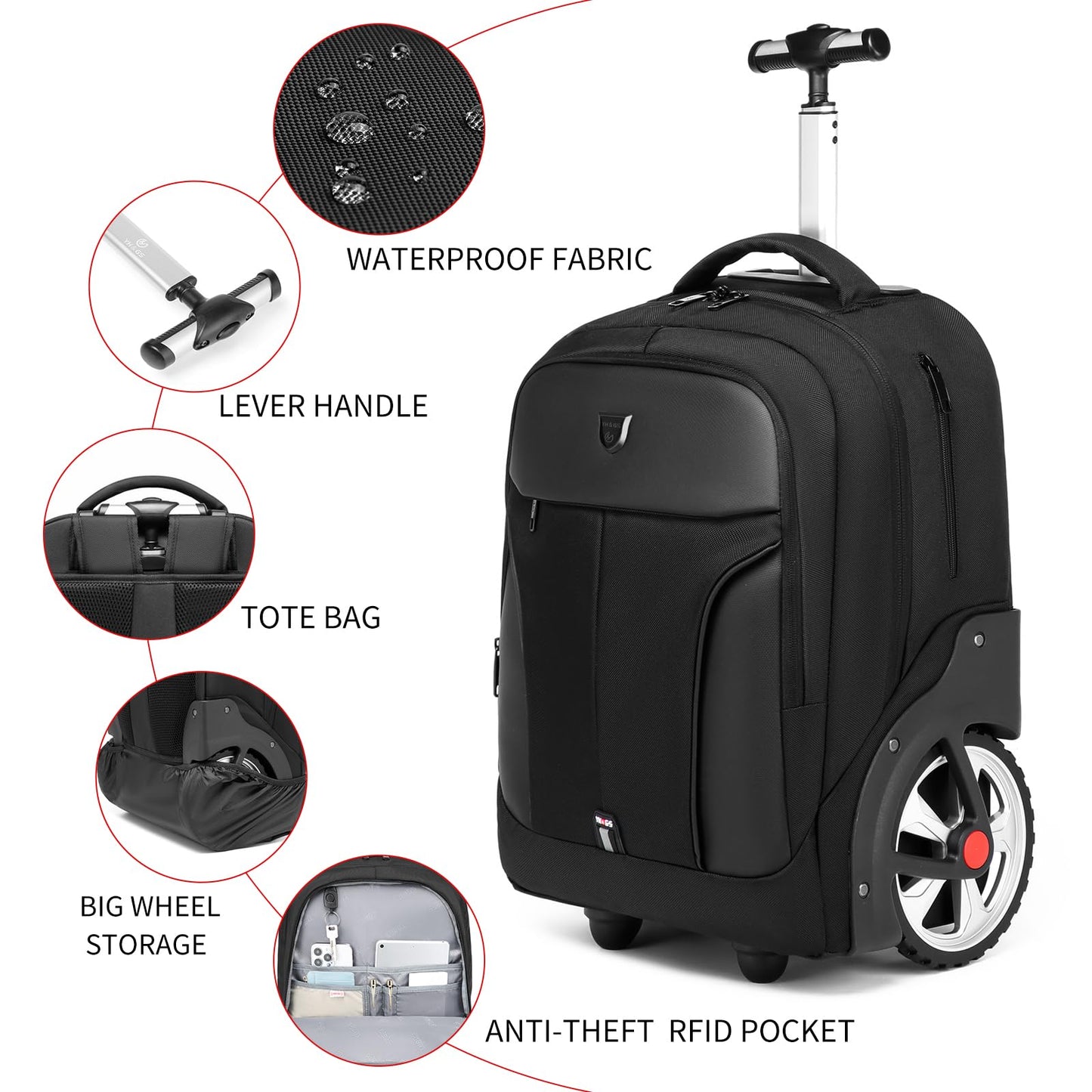 GOTECH Rolling Backpack,Waterproof Backpack with Wheels for Business and Travel Commuter, Carry on Backpack with Laptop Compartment, Fit 17 Inch Laptop, Wheeled Backpack for Adults