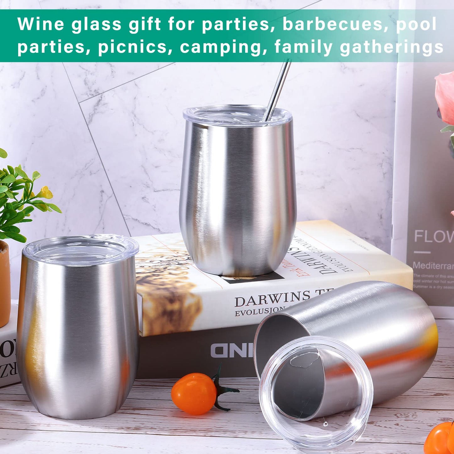 Remagr 16 Pack Stainless Steel Wine Tumblers 12 oz Insulated Vacuum Wine Cup Set Double Wall Stainless Steel Stemless Mug Glasses for Coffee Soda Whiskey Outdoor Travel (Silver)
