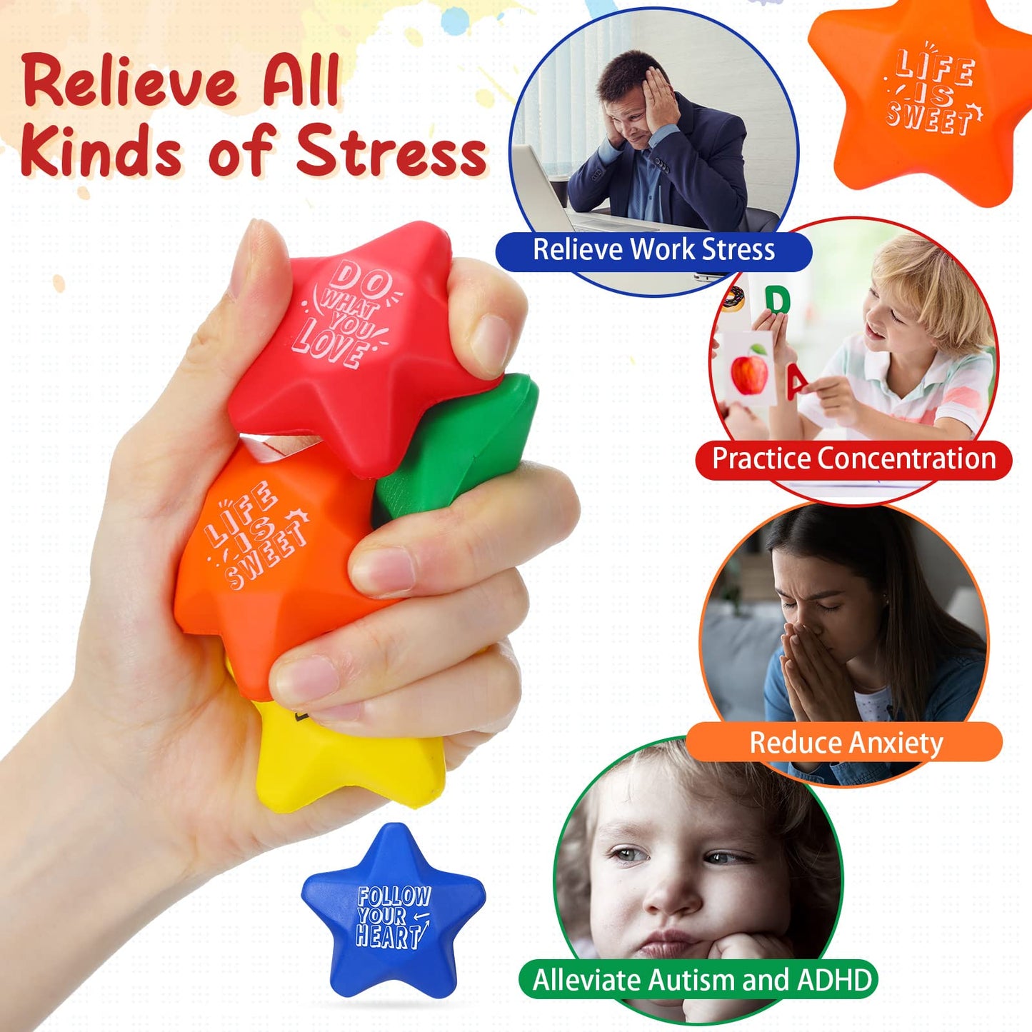 Leyndo 200 Pack Stress Balls Bulk Motivational Stress Relief Colorful Foam Squeeze Balls with Inspirational Quotes for Adults Teens Kids Relief Encouraging(Star Stress Balls)