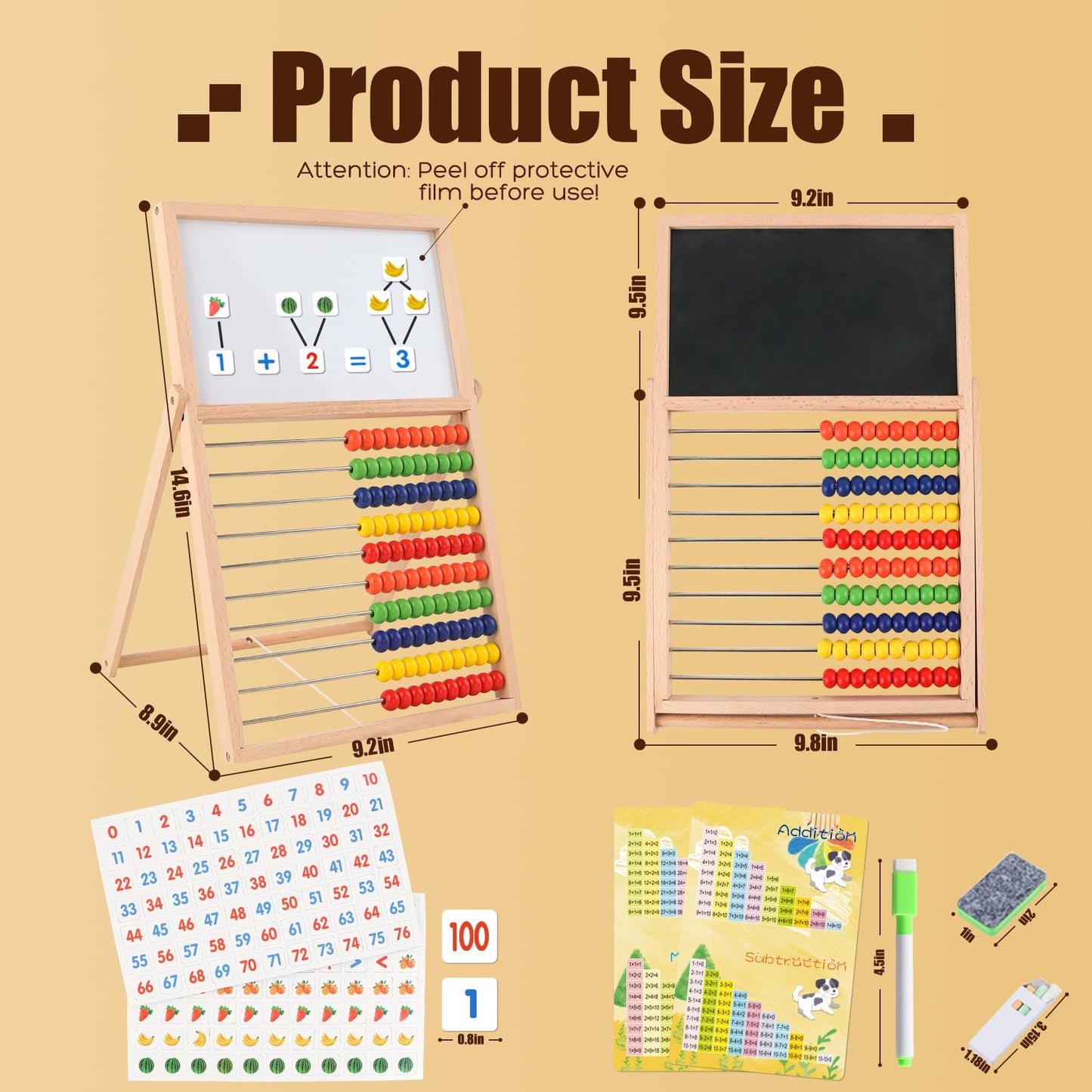 Wooden Abacus for Kids Math - Double-Sided Blackboard Whiteboard Magnetic Abacus for Toddlers with 100 Magnetic Number & Fruit Stickers - Educational Counting Games Kids Gift