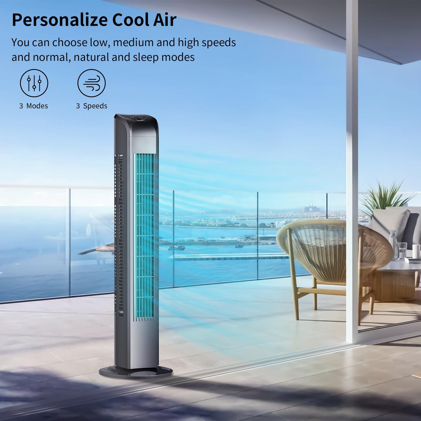 Uthfy Tower Fan for Bedroom, 120° Oscillating Standing Floor Bladeless Fans That Blow Cold Air with Remote, 3 Modes 3 Speeds, 7.5H Timer, for Indoor Living Room Office, 30 Inch, Black