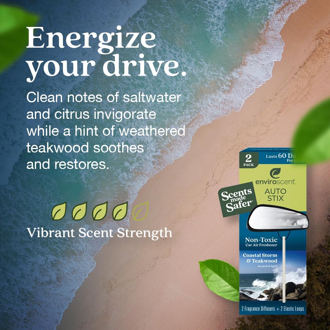 Enviroscent Non-Toxic Car Air Freshener | Natural Car Air Freshener | Essential Oil Diffuser | Car Scent Lasting Over 480 Days | 8 Packs of 2 Hanging Auto Stix (Coastal Storm & Teakwood)