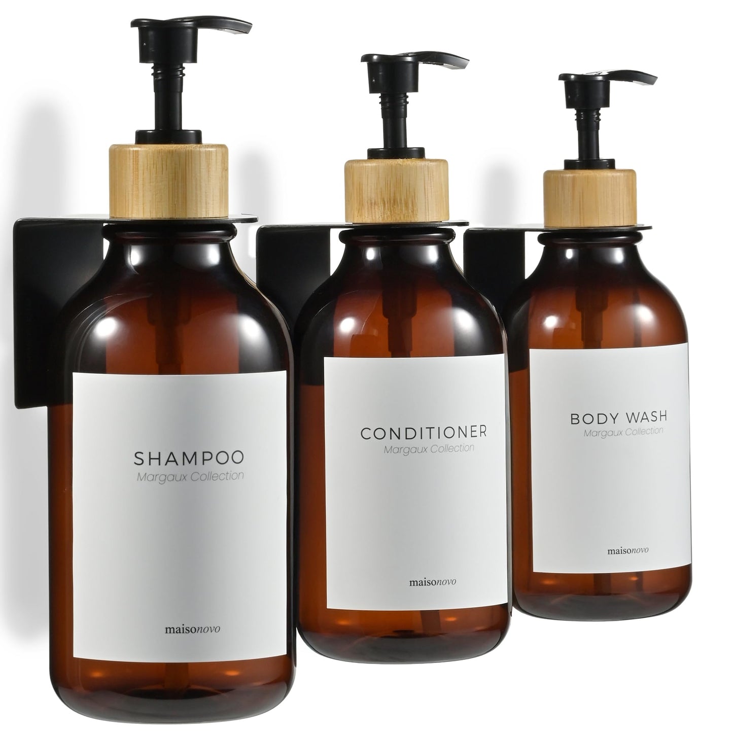 Shampoo and Conditioner Dispenser Wall Mounted Set of 3 Green - No Drill Shower Soap Dispenser for Bathroom Refillable - Spa Hotel Style Accessories by MaisoNovo