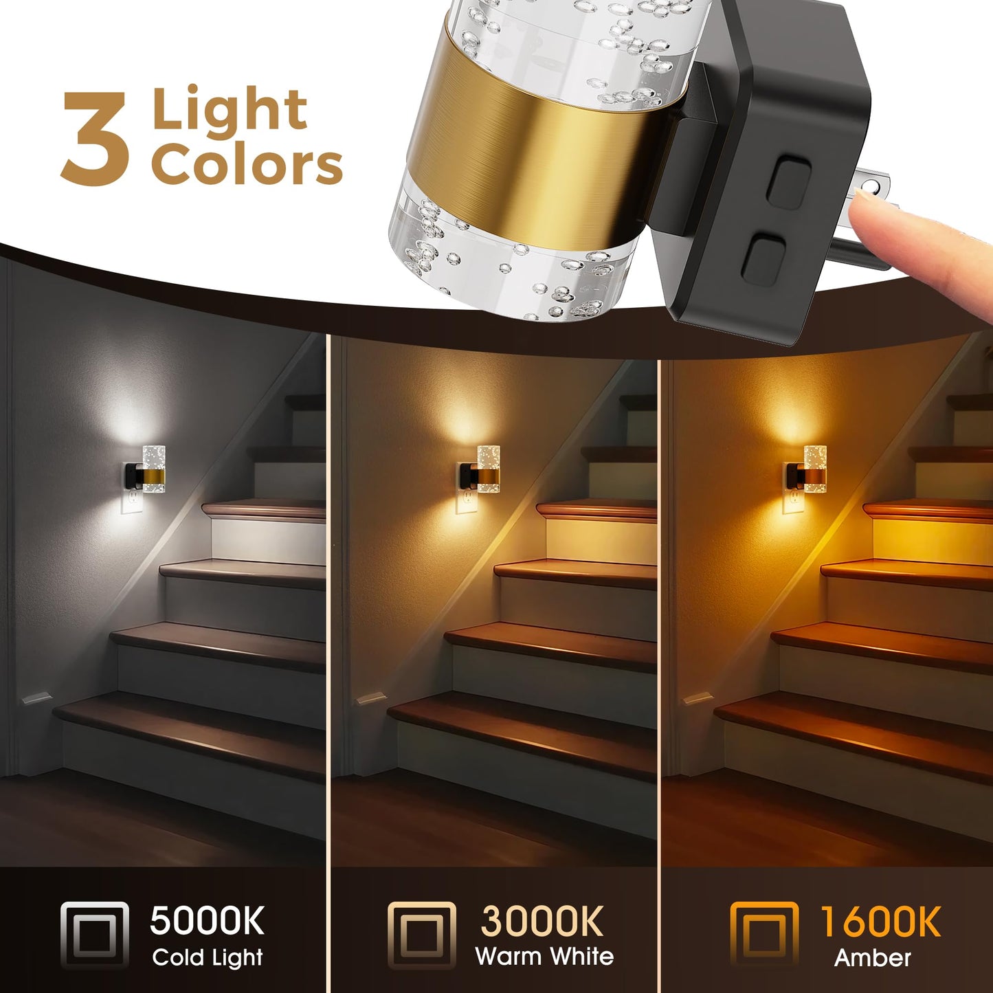 Night Lights Plug into Wall 2 Pack, Dimmable Night Light with Dusk-to-Dawn Light Sensor, Soft White/Cool White/Amber 3 Light Color, Adjustable Brightness, Rotatable plug, Bubble Nightlight for Hallway
