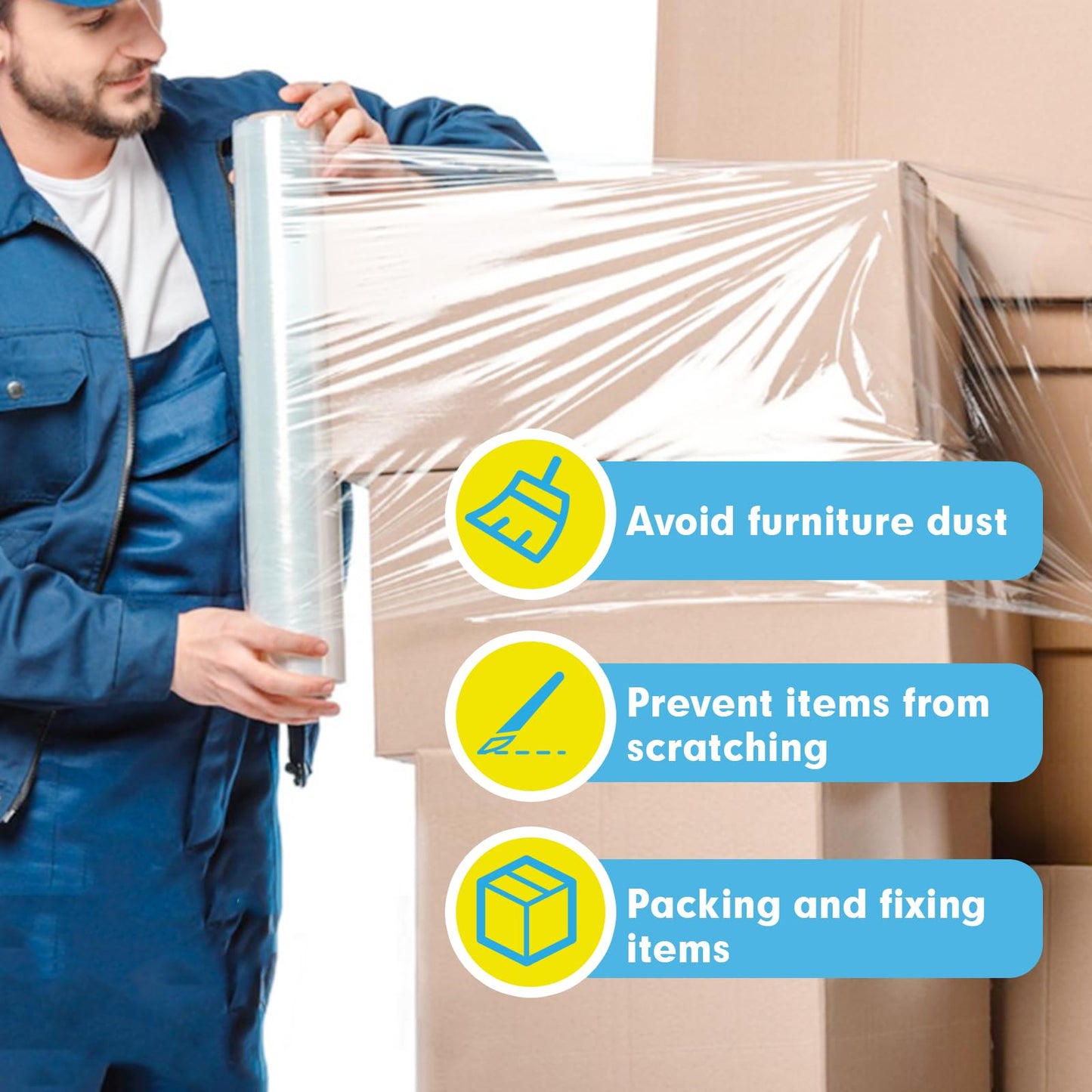Stretch Film, PANDRI 4 Rolls Stretch Wrap with Handles Industrial Strength, Clear Shrink Wrap, Plastic Wrap for Moving Pallet Wrap, 15" x 1200 Ft Per Roll, 60 Ga, 2 Handles