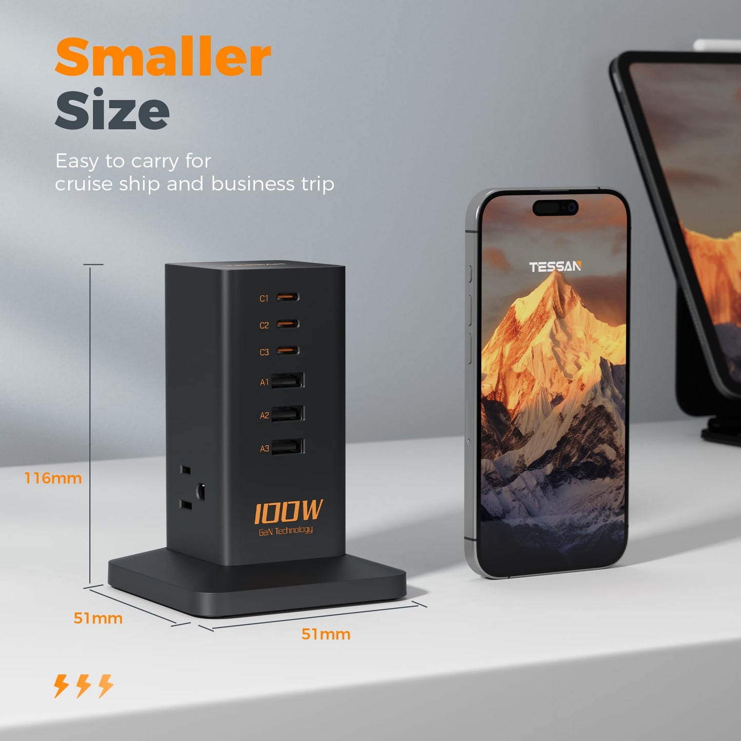 Charging Station PD 100W, TESSAN 9-in-1 USB C Power Strip for iPhone 16/15, MacBook, Tablet, Desktop Phone Fast Charger with 3 AC, 3 USB-A Ports, Home Drom Office Accessories