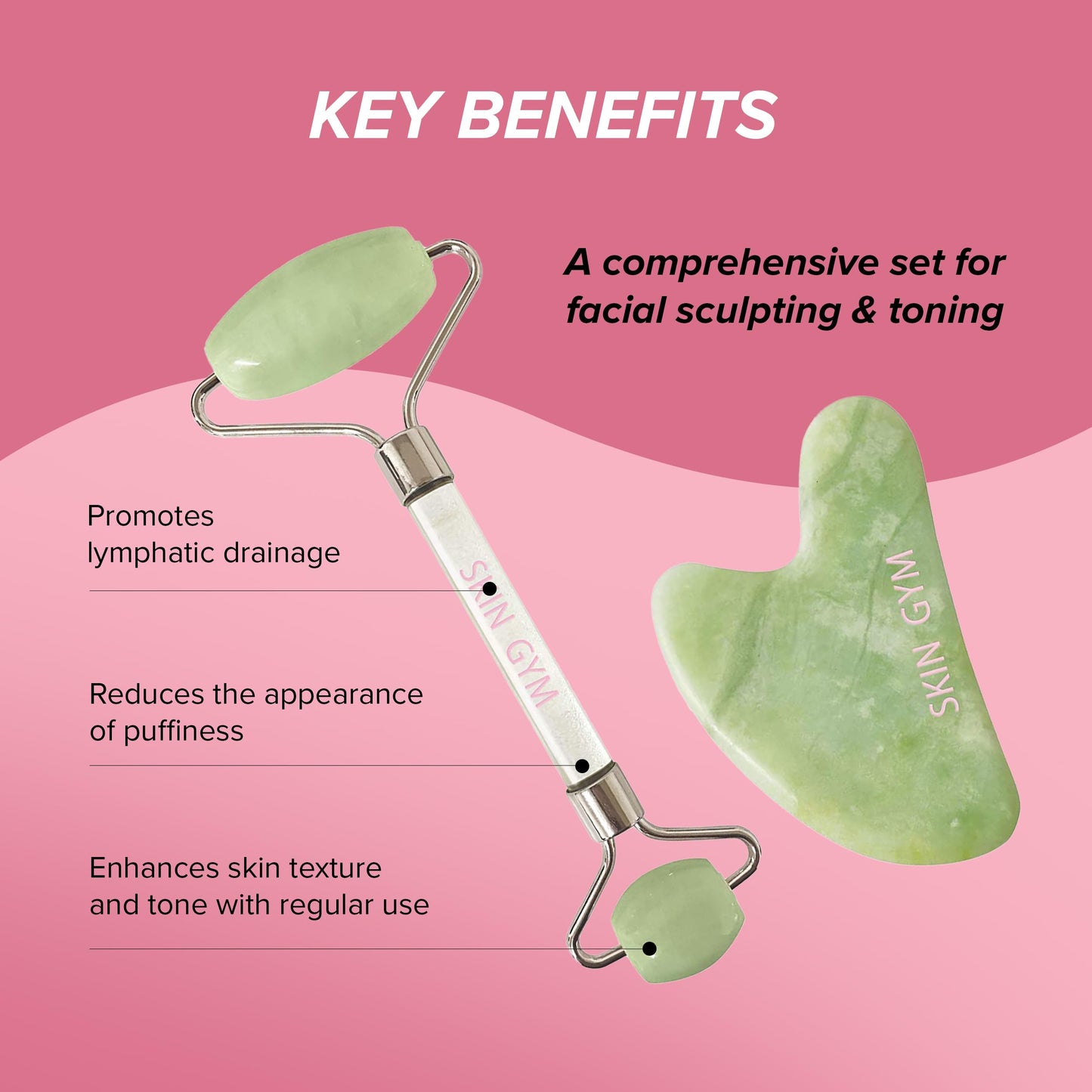 Skin Gym Jade Facial Roller & Gua Sha Tool Workout Set, Revitalizing Skincare for Enhanced Glow & Smooth Skin