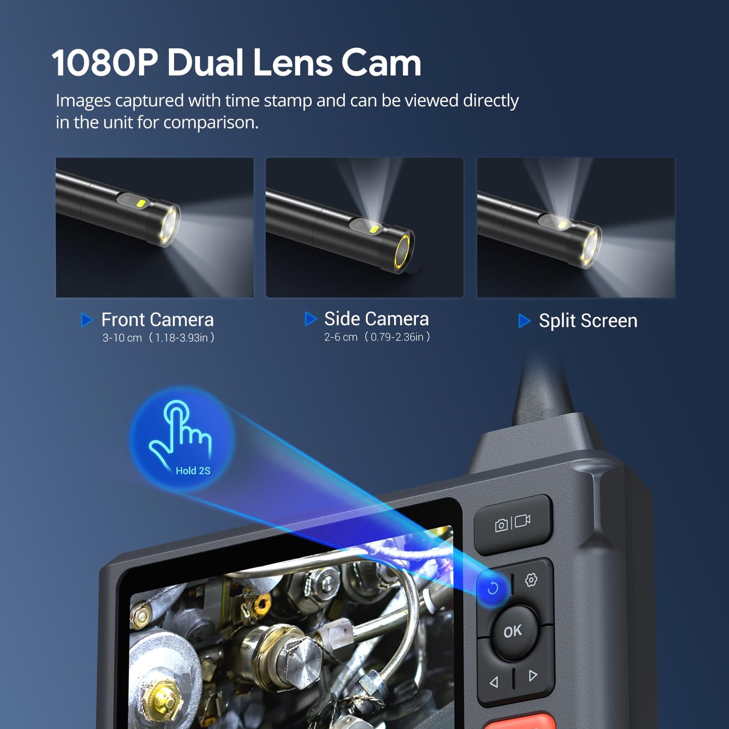 50FT Sewer Inspection Camera, DEPSTECH 1080P Dual Lens Endoscope with Lights, 5" IPS Screen Borescope Tool, Split Screen, IP67 Waterproof, 7.9mm Snake Scope Drain Camera for Wall Drain Pipe Automotive
