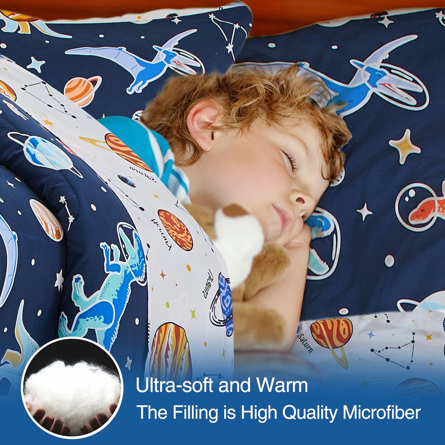 A Nice Night 5pc Glow in The Dark Kids Comforter Set,Dinosaur Galaxy Printed, Space Bedding Set Full Size for Boys Girls Teen