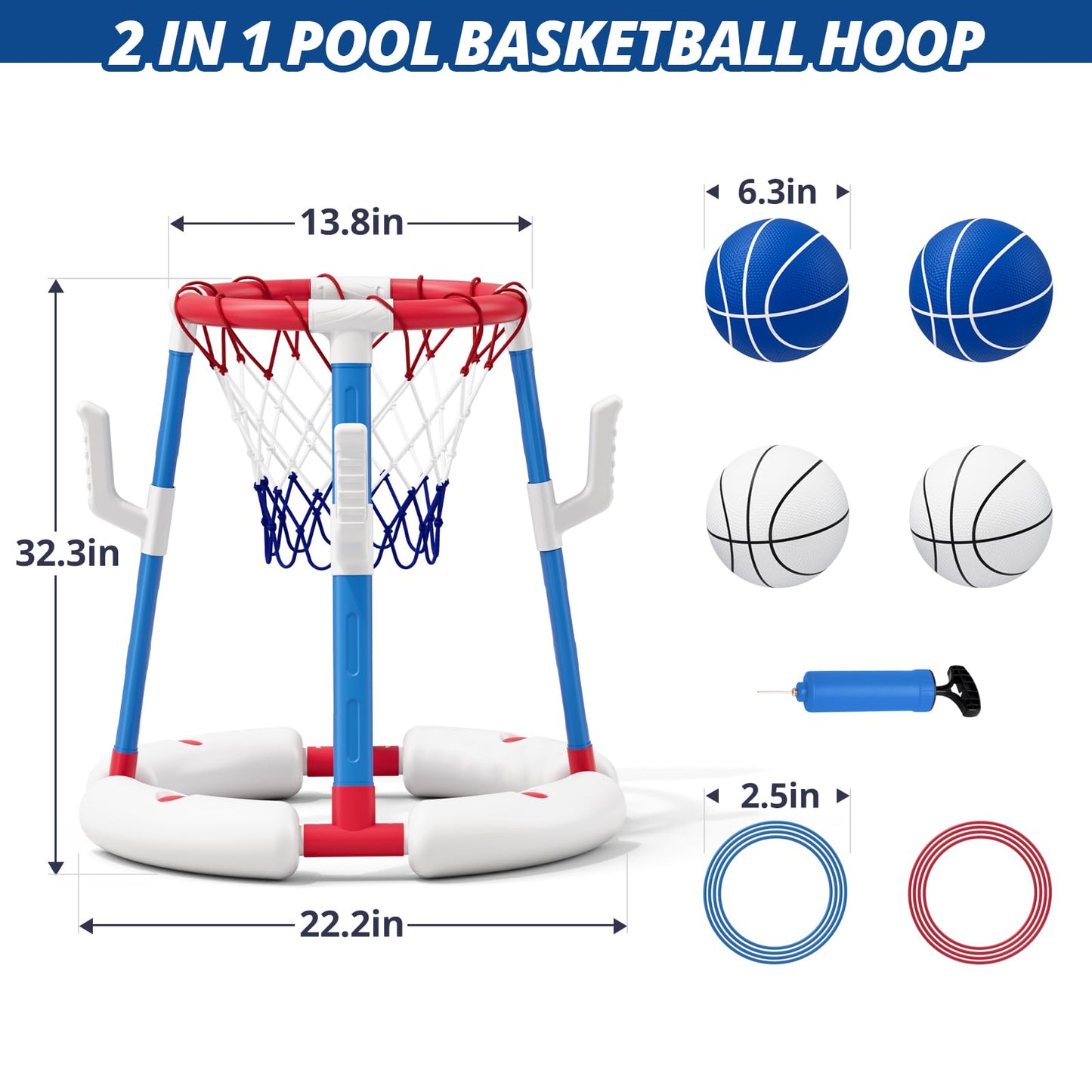 2 in 1 Pool Basketball Hoop Set with Ring Toss Game, Floating Water Pool Toys with 4 Balls, 8 Rings & Pump, Summer Outdoor Swimming Pool Toys Gifts for Adults Kids Teens, Red