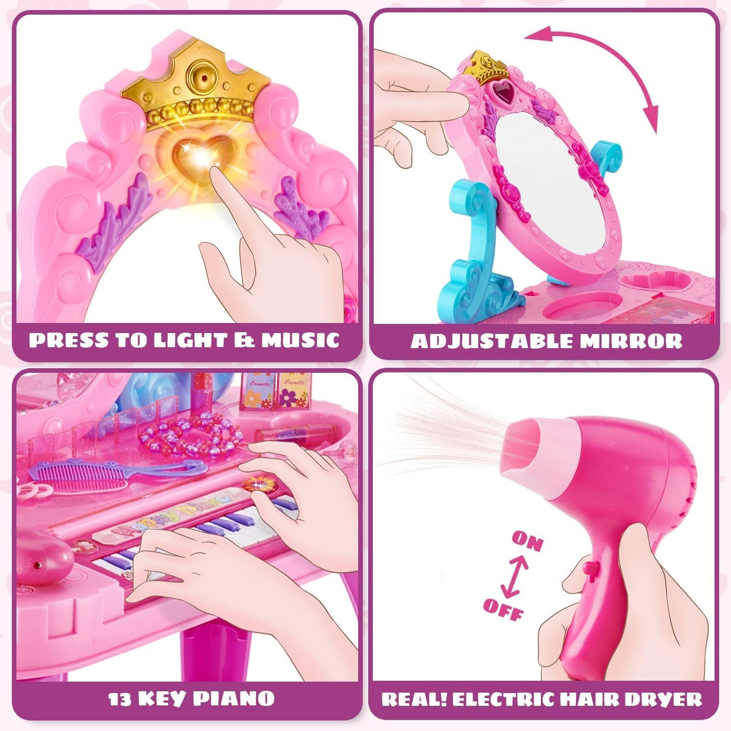 Vanity Makeup Table Toy for Kids, Toddler Girl Pretend Play Makeup Accessories- Princess Dress Up Set, Music Piano & Lights, Adjustable Mirror, Hairdryer, Mermaid Table & Chair Kit, Birthday Gift