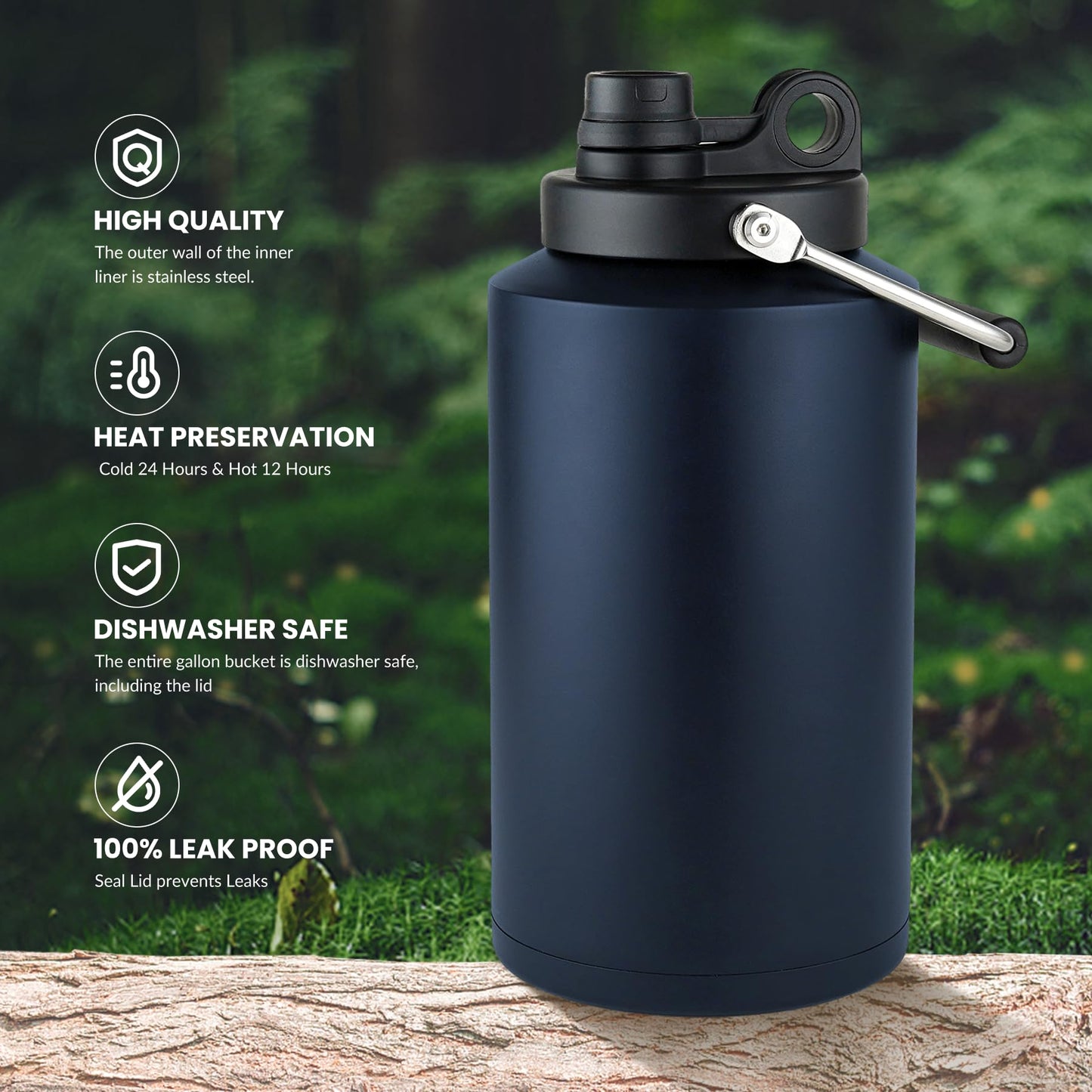 1 Gallon Water Bottle Insulated Stainless Steel Keeps Ice 48Hr, Large Water Gallon Jug Wide Mouth Leakproof Vacuum for Gym, Camping, & Construction Navy Blue