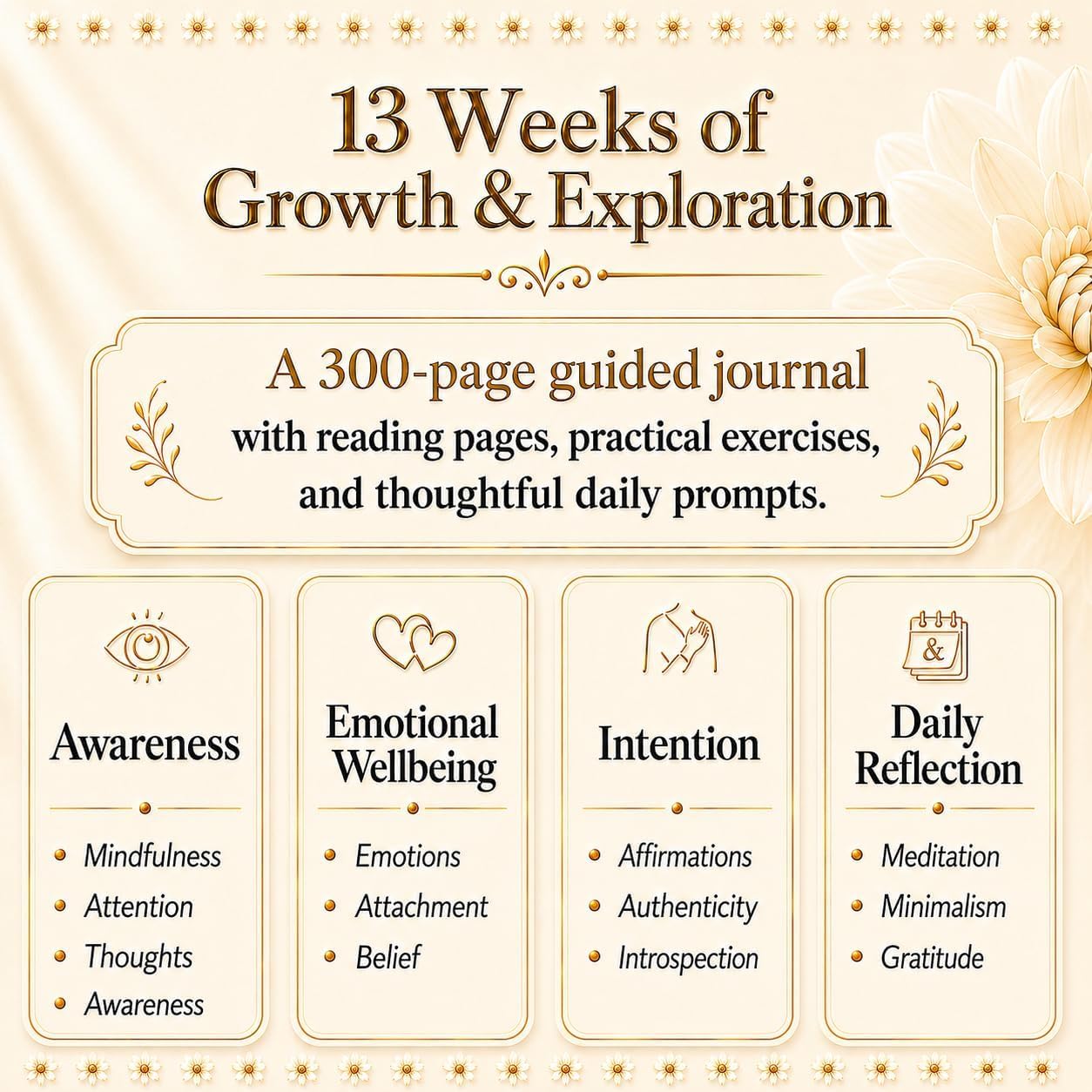 Journal & Pen Set for Women | Guided Mindfulness Journal with Elegant Brass Pen | 13-Week Personal Growth Journey with Short Readings, Daily Prompts & Reflection Exercises | A5 Vegan Leather | Gift Box | Her Vibe