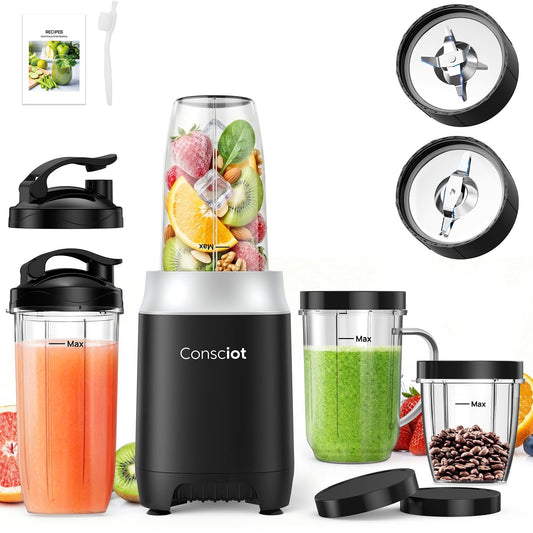 Consciot CB10 16Pcs Personal and Countertop Blender Combo, Coffee and Spice Grinder, Make Shakes and Smoothies, Frozen Drinks, Baby Food, Spreads & More, 4 Portable BPA Free To-Go Cups, 900 Peak Watt