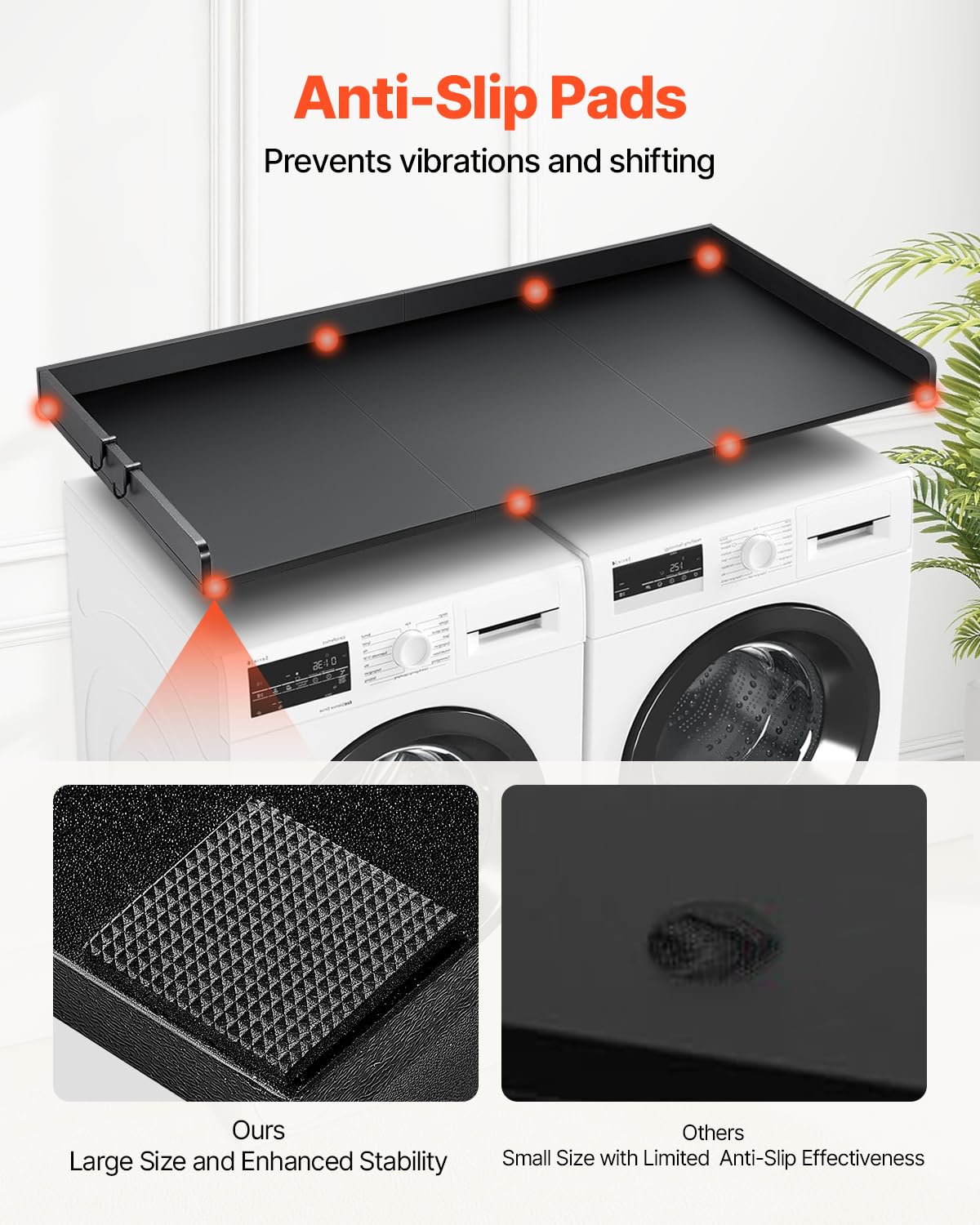 VEVOR Washer Dryer Countertop with 3 Splicing Panels, 54" x 27" Wooden Washer and Dryer Countertop with Non-Slip Pads, Water-Resistant Laundry Topper for Laundry Room Organization and Storage, Black