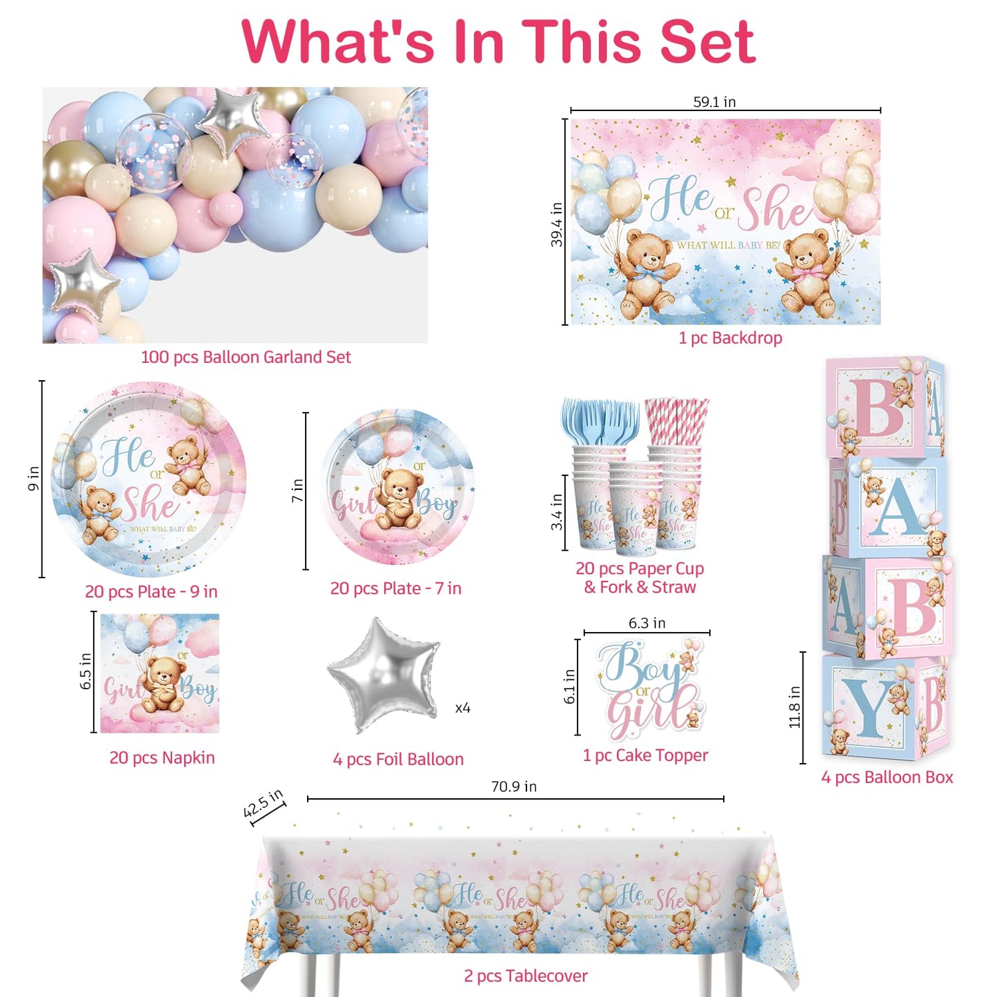 cocomigo 232pcs Bear Gender Reveal Decorations Complete Party Set, Serves 20 Guests, He or She Baby Gender Reveal Decorations, Boy or Girl Revelacion de Sexo de Bebe