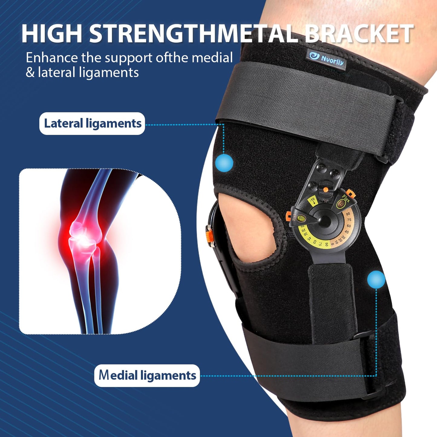 Nvorliy Hinged ROM Knee Brace with Side Stabilizers & Locking Dials, Post Op Knee Immobilizer for Arthritis, ACL, MCL, PCL, Meniscus Tear, Injurie/Knee Pain, Medical Orthopedic Support (X-Large)