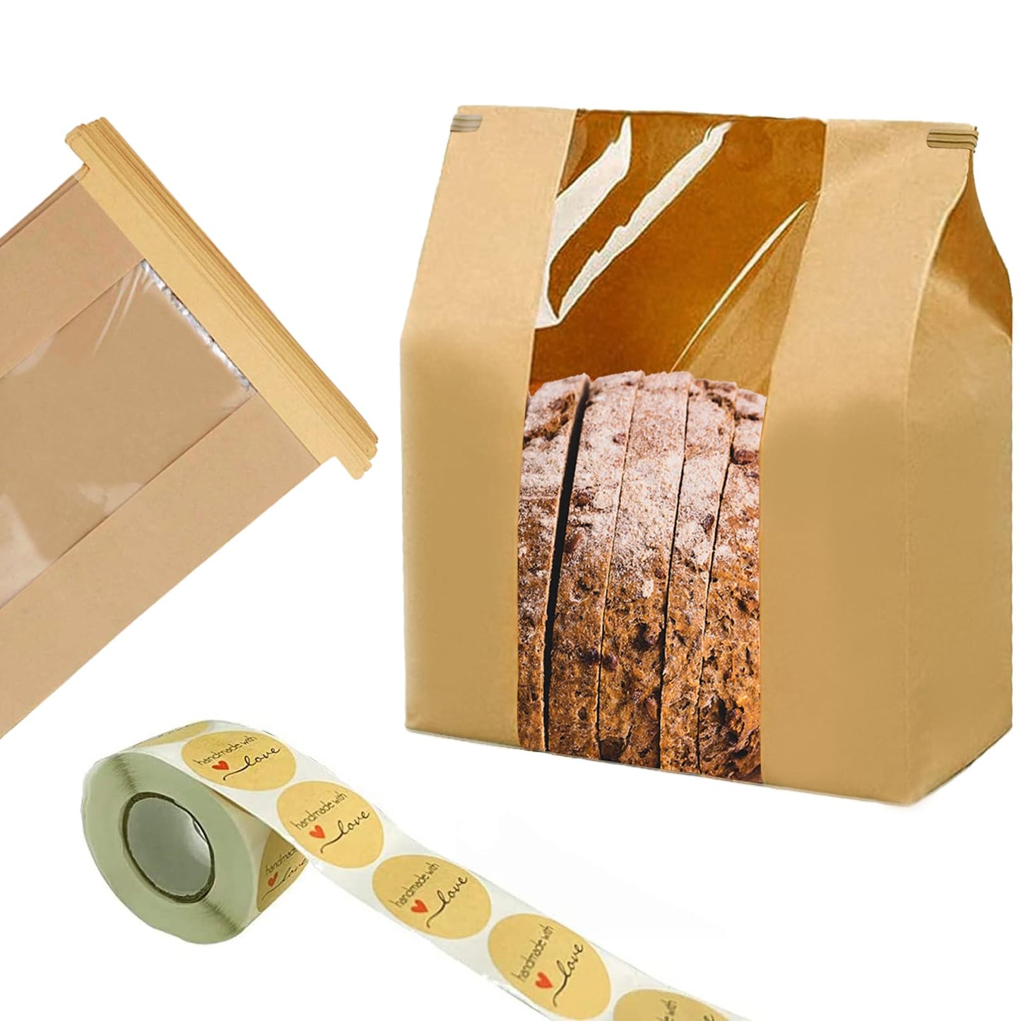 NOONEAST 200 Pack Large Paper Bread Bags for Homemade Bread Sourdough Bags 14" x 8.3" x 3.5" with Tin Tie Tab Lock Clear Front Window Bakery Bag Packaging Cookie Bag with Label Seal Stickers