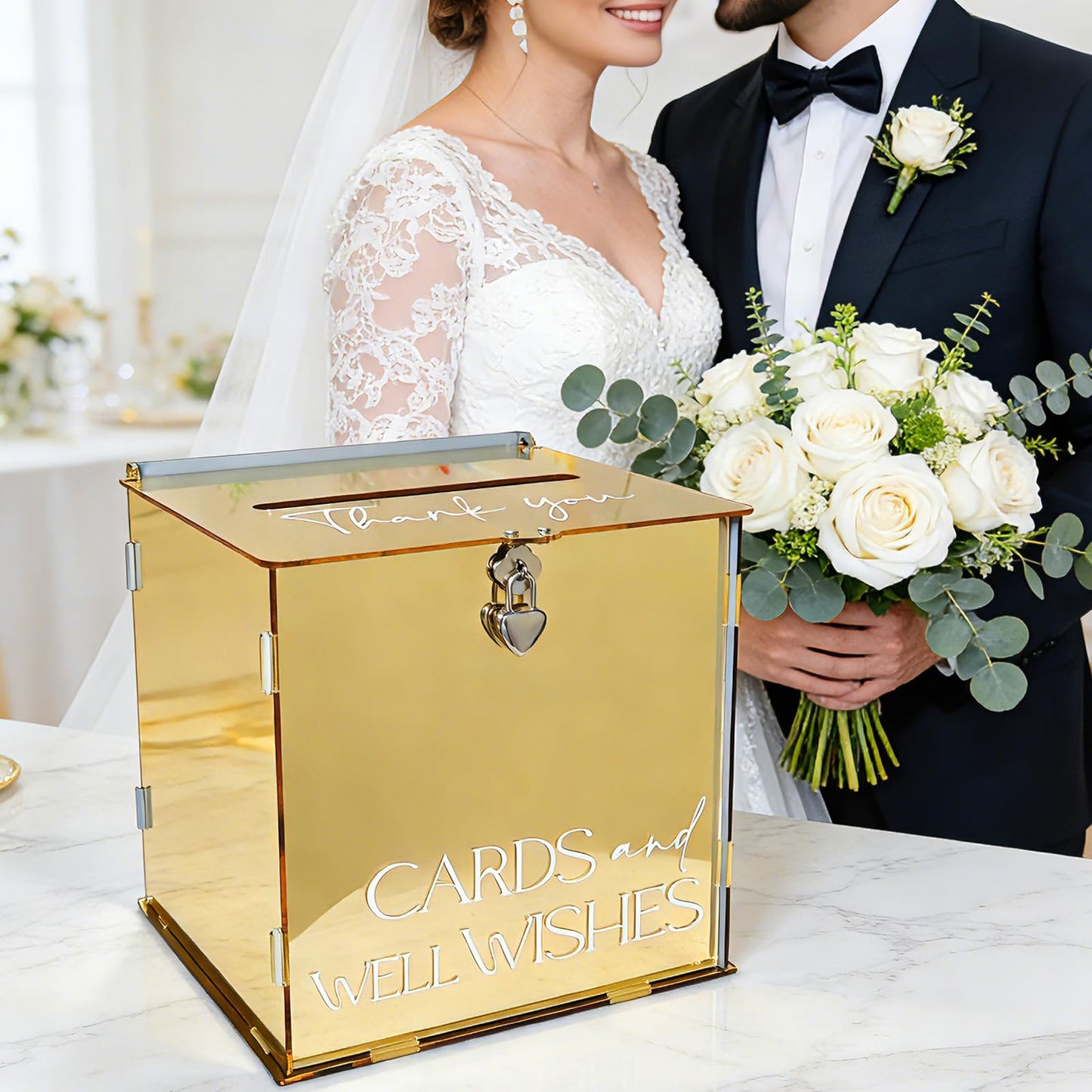 SOFARKKT Acrylic Gold Card Box with Lock & Slot, Metallic Golden Classy Wedding Card Boxes for Reception, Luxury Money Gift Cards Box for Party Engagement Bridal Shower Luxury Wedding Table Decor