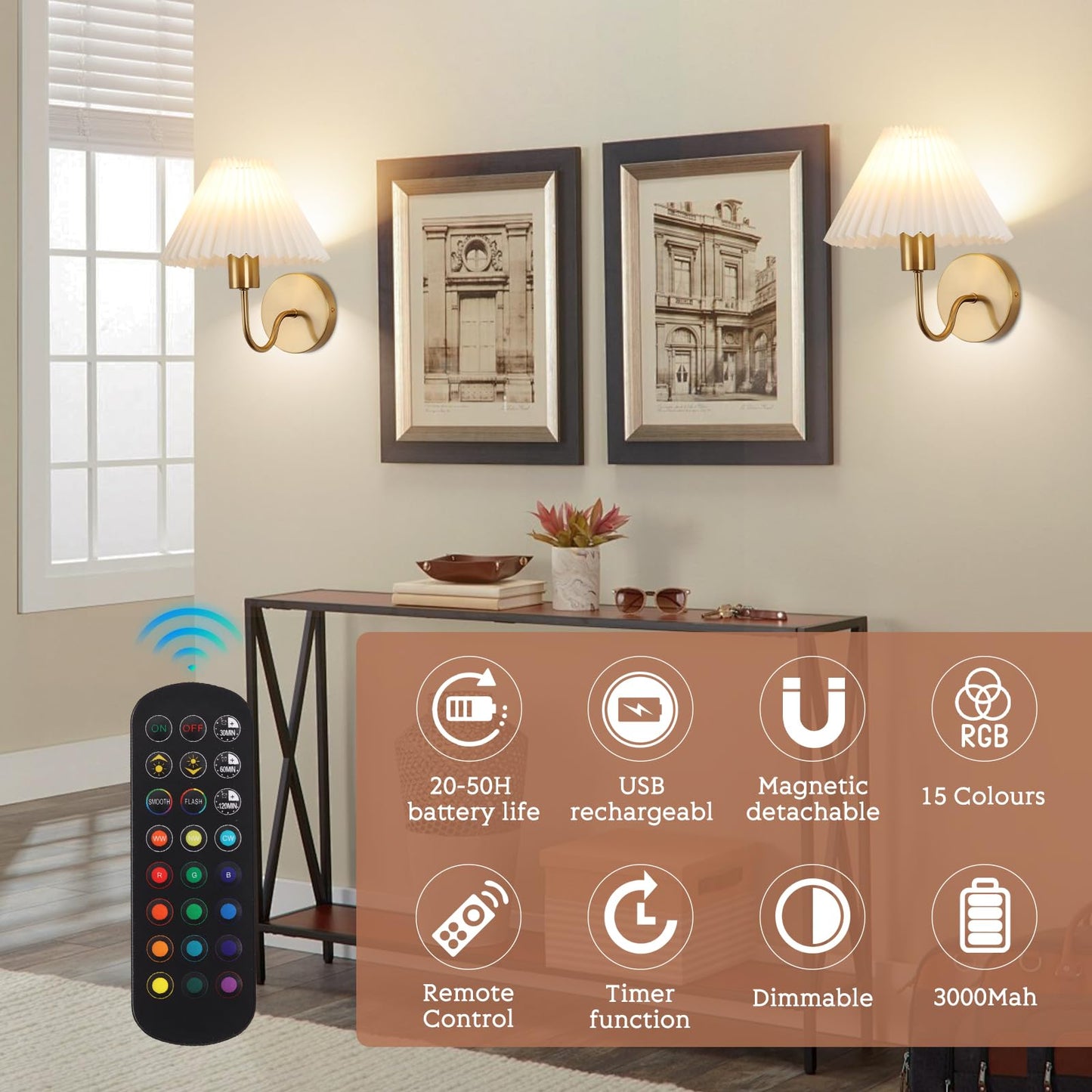 Wireless Wall Sconce Sets of 2, Pleated Shades Rechargeable Battery Operated Wall Sconce, Retro gooseneck Gold Wall Lights Bathroom Vanity Sconces, Wall Mounted Lamps for Bedroom Living Room Kitchen