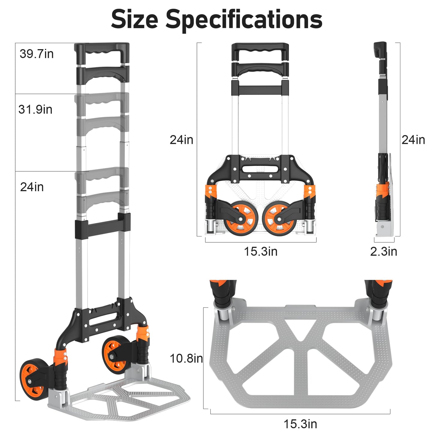 DIAMONDFORGE Folding Hand Truck, 180lbs Lightweight Foldable Dolly Cart with Wheels and Telescopic Handle, Portable Folding Dolly with Rubber Wheels for Moving Groceries, Home, Auto, Black Orange