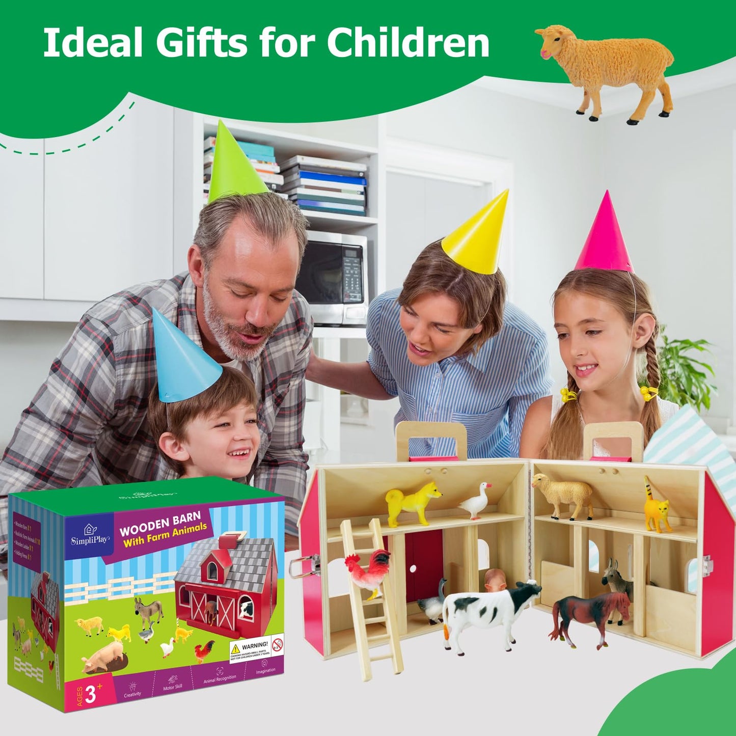 SIMPLIPLAY Farm Animal Toys with Portable Large Wooden Barn for Kids 3+ Years Old, 10 PCS Farm Animal Figures for Boys, Girls, Animal Lovers, Ideal Gift for Kids Toddlers, Improve Fine Motor Skills