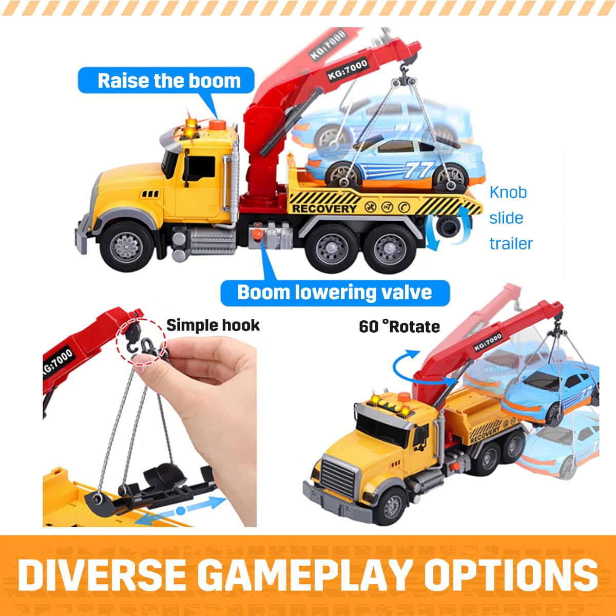 MAJCL 15" Large Tow Truck Toy,Friction Powered Transport Truck Crane Toy with Lights and Sounds,with Roadster,Kids Toys for 3 4 5 6 7 Years Old Boys Girls Gifts