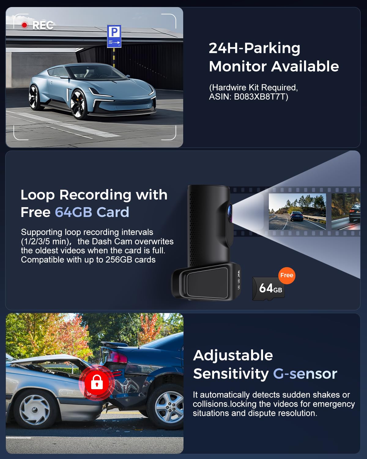 OVAMAN K600 4k Dash Cam Front and Rear, 3.59" IPS Screen, Built-in GPS 5G WiFi Dash Camera for Cars with App, UHD 2160P Night Vision Free 64G SD Card, 170° Wide Angle, HDR, 24H Parking Mode