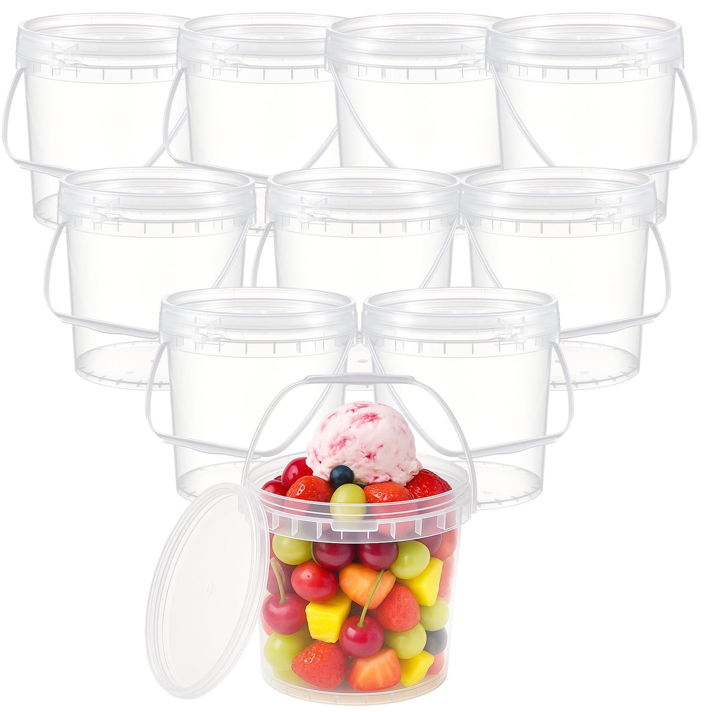 Afarnook 10 Pack 1 Gallon / 128 oz / 3.8 L Clear Plastic Bucket with Handle and Lids Food Storage Containers Freeze Safe Ice Cream Tubs for Deli Kitchen Drinks Home