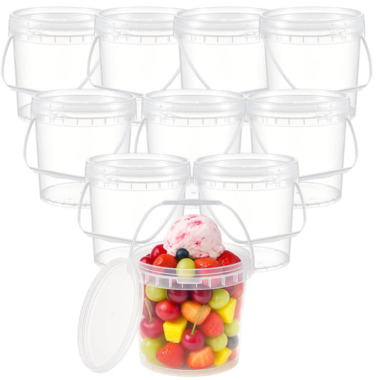Afarnook 10 Pack 1 Gallon / 128 oz / 3.8 L Clear Plastic Bucket with Handle and Lids Food Storage Containers Freeze Safe Ice Cream Tubs for Deli Kitchen Drinks Home
