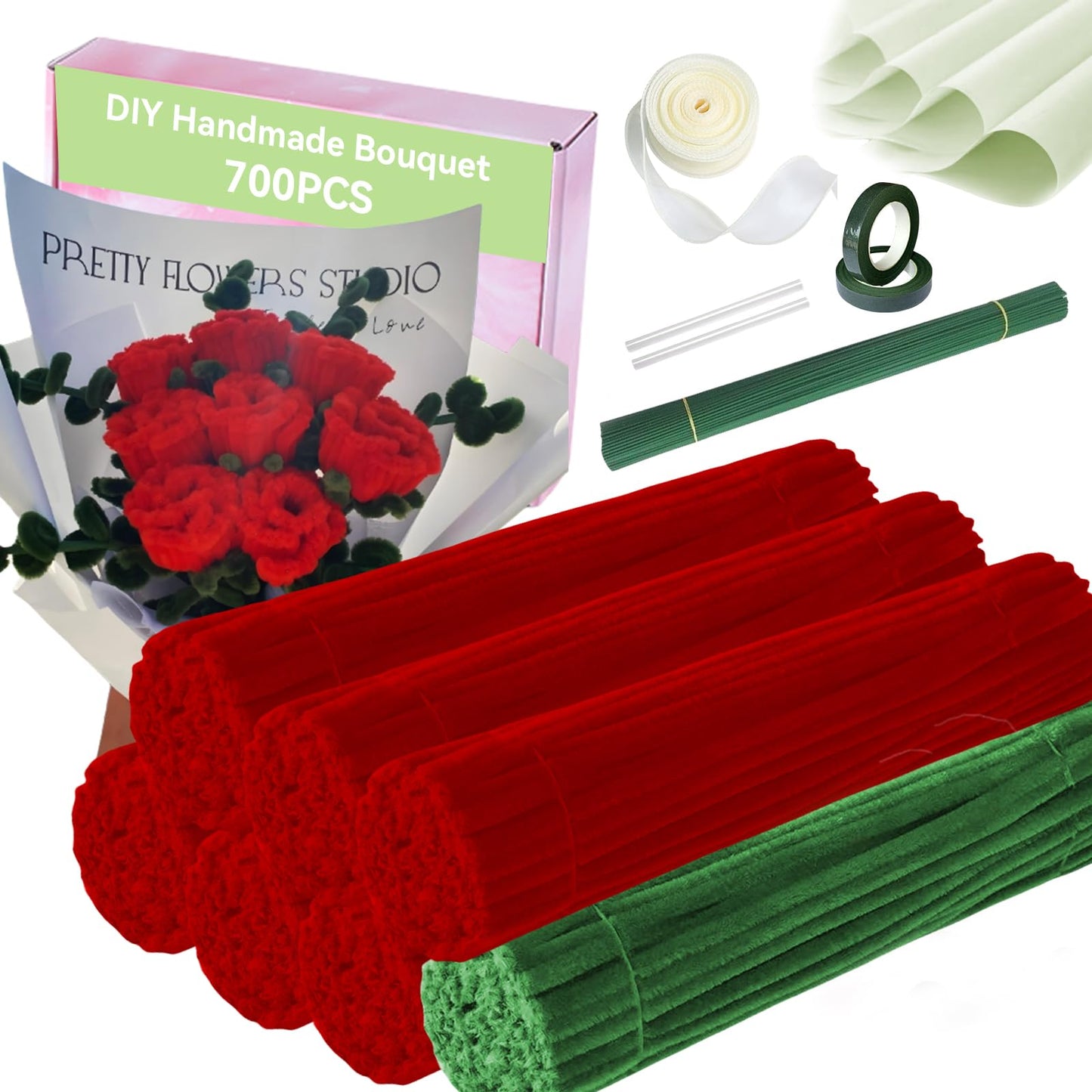 Chenille Stems Pipe Cleaners,Roses DIY Flower Bouquet Kit 700pcs(Red and Green) Flower Making Craft Materials(32Flowers),Art and Craft Supplies