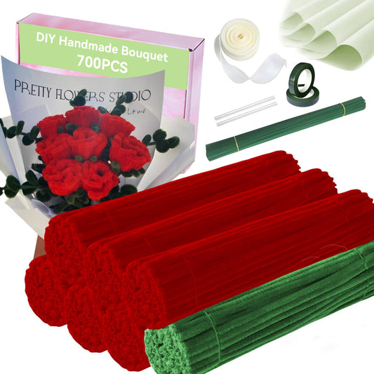 Chenille Stems Pipe Cleaners,Roses DIY Flower Bouquet Kit 700pcs(Red and Green) Flower Making Craft Materials(32Flowers),Art and Craft Supplies